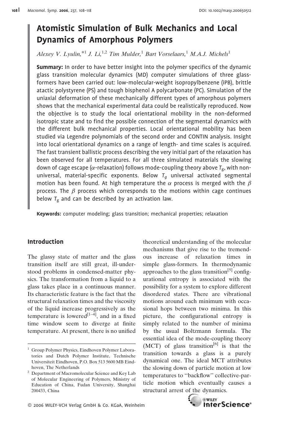 Atomistic Simulation of Bulk Mechanics and Local Dynamics of Amorphous Polymers by Unknown
