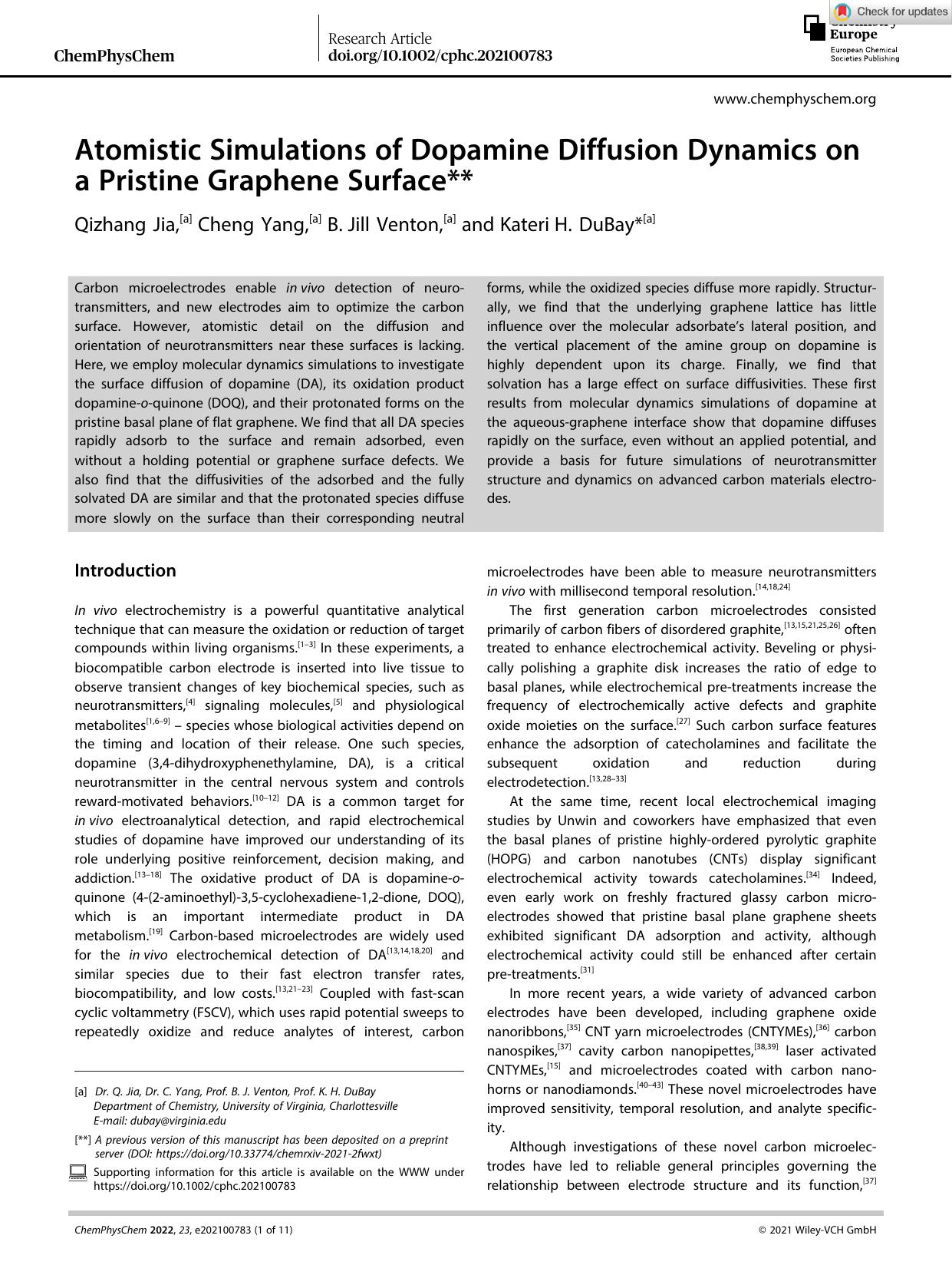 Atomistic Simulations of Dopamine Diffusion Dynamics on a Pristine Graphene Surface** by Unknown