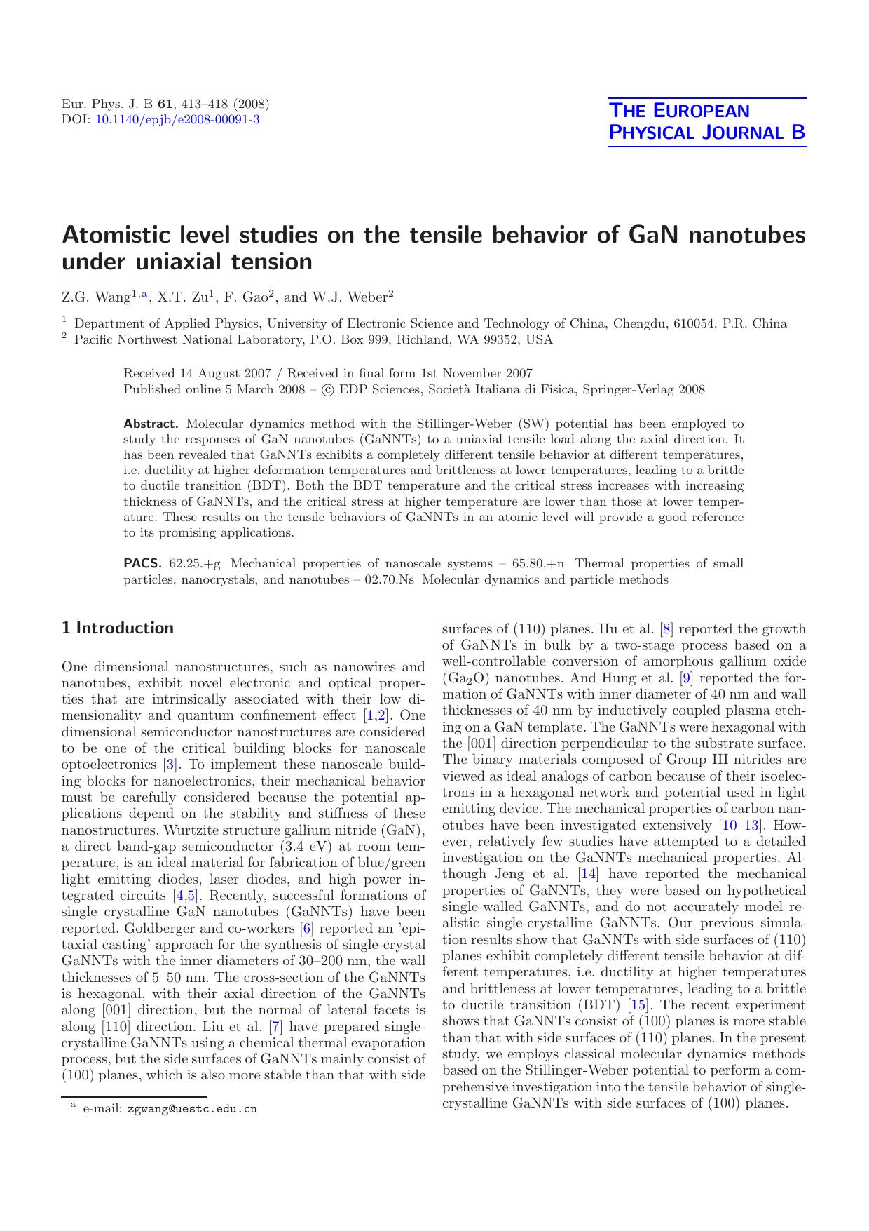 Atomistic level studies on the tensile behavior of GaN nanotubes under uniaxial tension by Z.G. Wang X.T. Zu F. Gao W.J. Weber