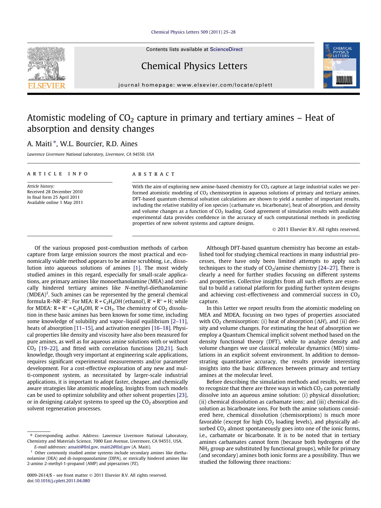 Atomistic modeling of CO2 capture in primary and tertiary amines Ã¢â¬â Heat of absorption and density changes by A. Maiti & W.L. Bourcier & R.D. Aines