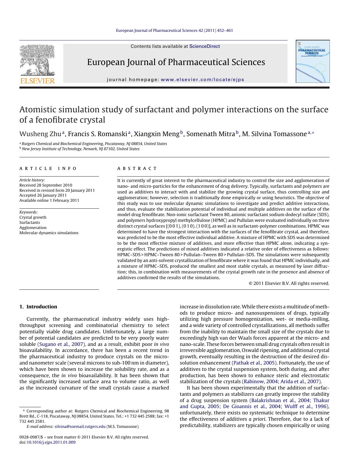Atomistic simulation study of surfactant and polymer interactions on the surface of a fenofibrate crystal by Wusheng Zhu