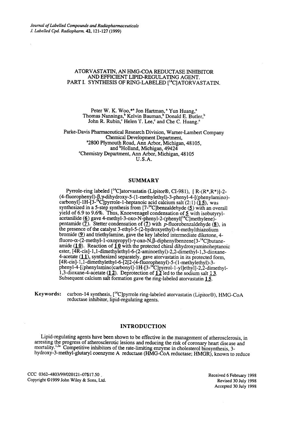 Atorvastatin, an HMG-COA reductase inhibitor and efficient lipid-regulating agent. Part I. Synthesis of ring-labeled [14C6]atorvastatin by Unknown