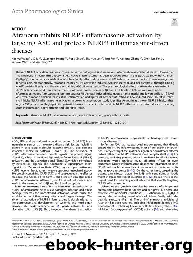 Atranorin inhibits NLRP3 inflammasome activation by targeting ASC and protects NLRP3 inflammasome-driven diseases by unknow