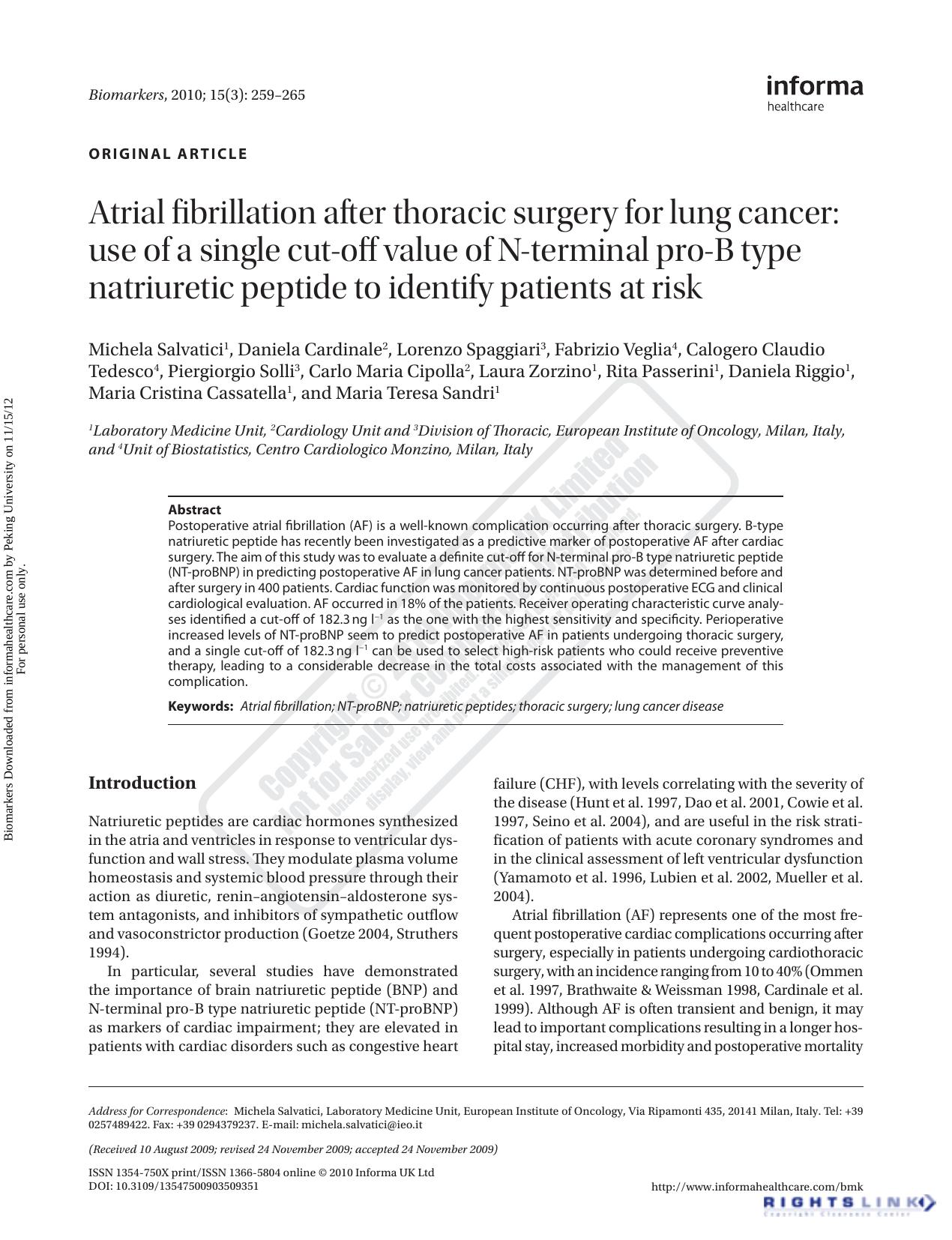 Atrial fibrillation after thoracic surgery for lung cancer: use of a single cut-off value of N-terminal pro-B type natriuretic peptide to identify patients at risk by unknow