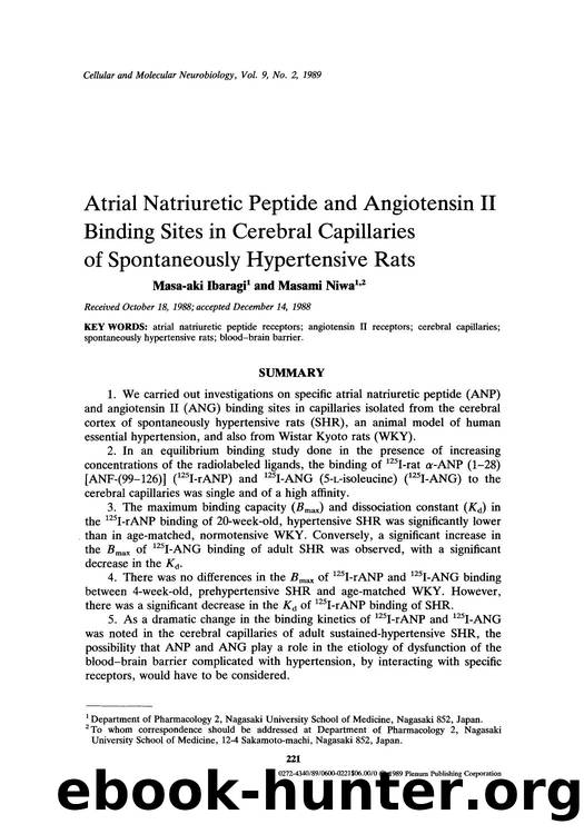 Atrial natriuretic peptide and angiotensin II binding sites in cerebral capillaries of spontaneously hypertensive rats by Unknown