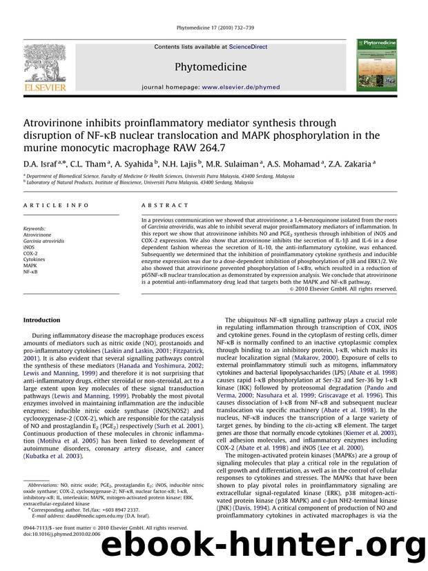 Atrovirinone inhibits proinflammatory mediator synthesis through disruption of NF-ÎºB nuclear translocation and MAPK phosphorylation in the murine monocytic macrophage RAW 264.7 by D.A. Israf; C.L. Tham; A. Syahida; N.H. Lajis; M.R. Sulaiman; A.S. Mohamad; Z.A. Zakaria