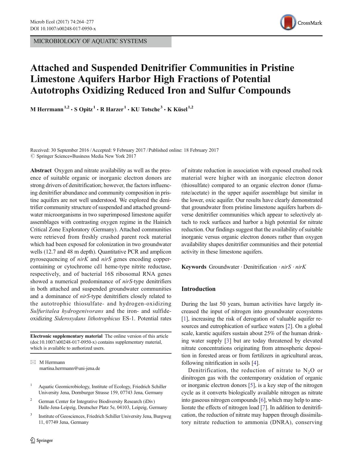 Attached and Suspended Denitrifier Communities in Pristine Limestone Aquifers Harbor High Fractions of Potential Autotrophs Oxidizing Reduced Iron and Sulfur Compounds by M Herrmann & S Opitz & R Harzer & KU Totsche & K Küsel