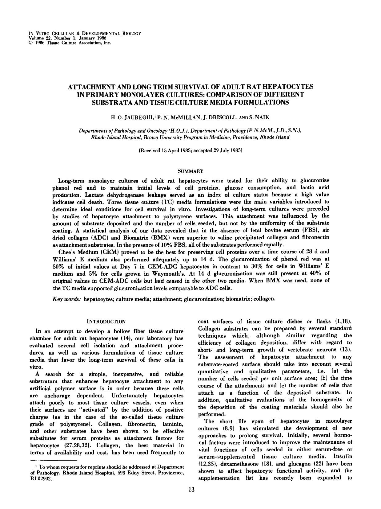 Attachment and long term survival of adult rat hepatocytes in primary monolayer cultures: Comparison of different substrata and tissue culture media formulations by Unknown