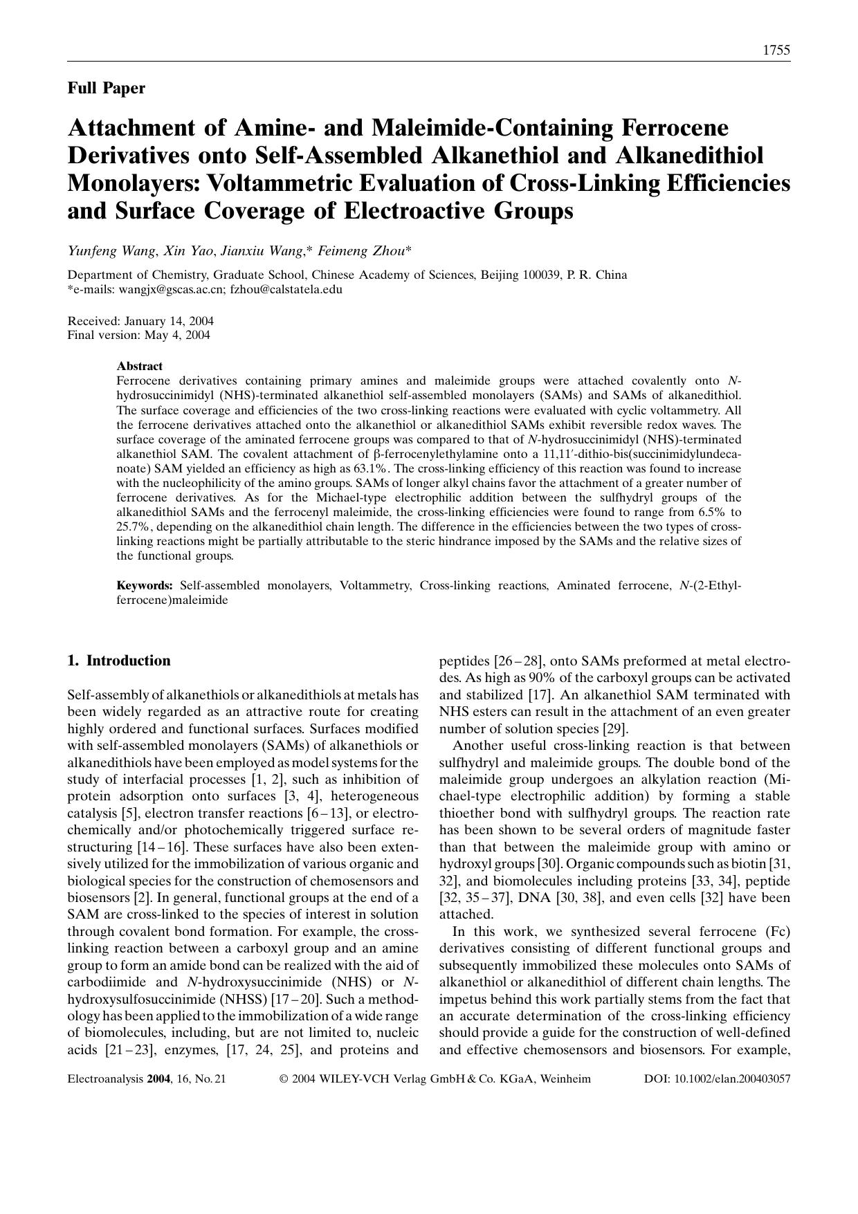 Attachment of Amine- and Maleimide-Containing Ferrocene Derivatives onto Self-Assembled Alkanethiol and Alkanedithiol Monolayers: Voltammetric Evaluation of Cross-Linking Efficienc by Unknown