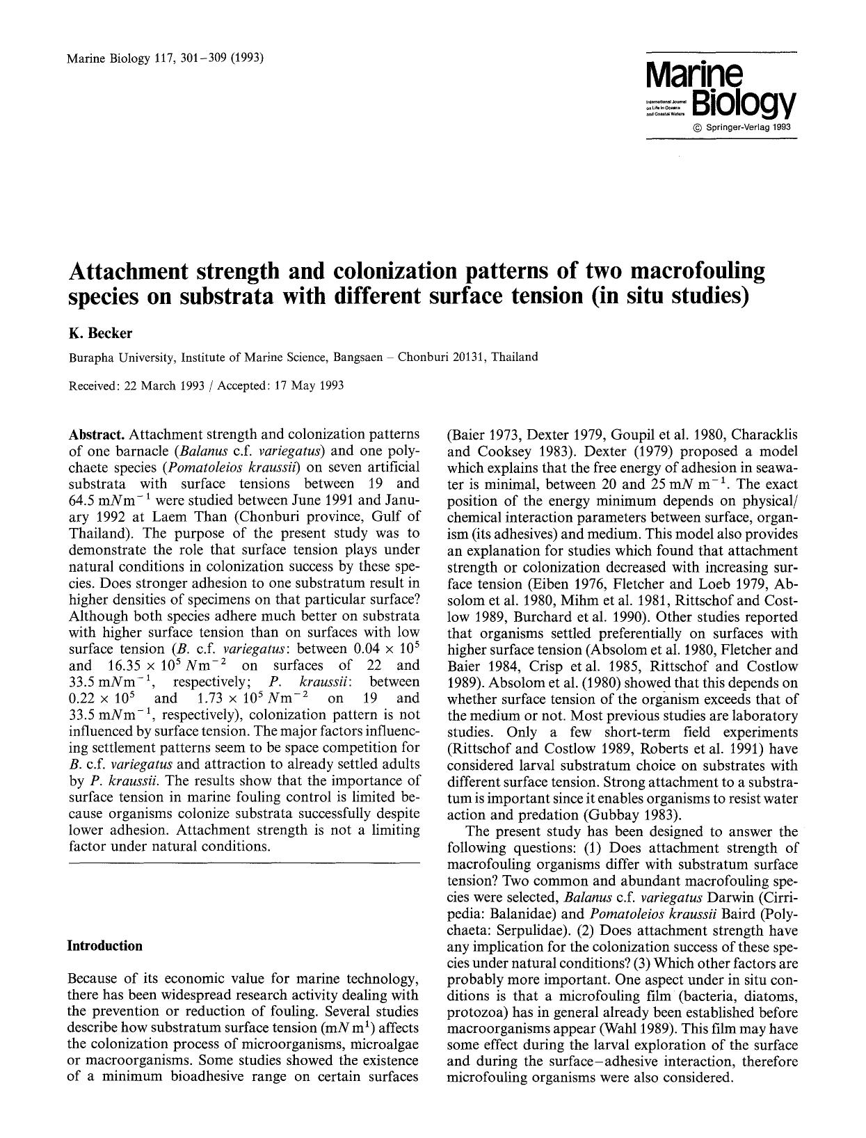 Attachment strength and colonization patterns of two macrofouling species on substrata with different surface tension (in situ studies) by Unknown