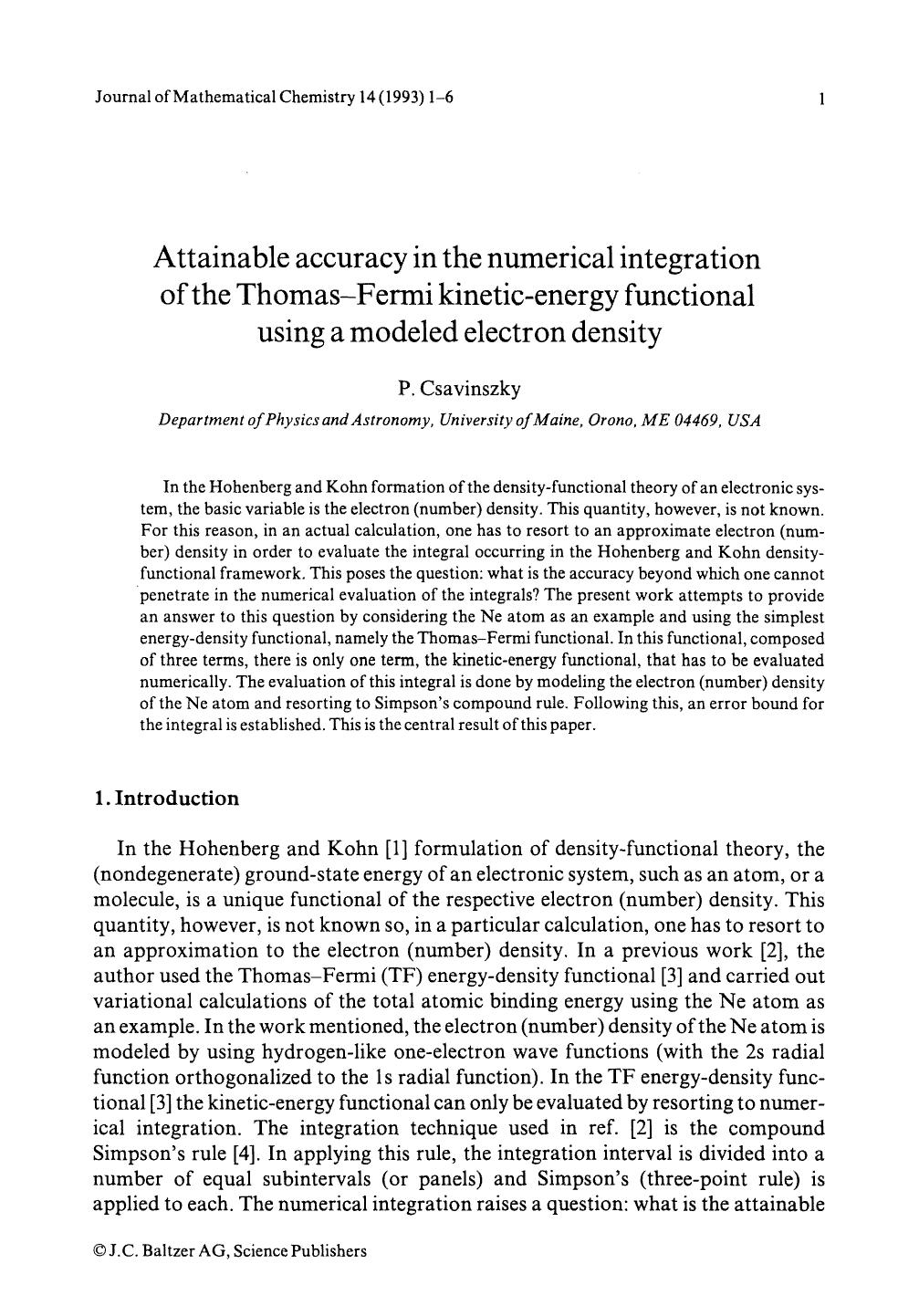 Attainable accuracy in the numerical integration of the Thomas&#x2014;Fermi kinetic-energy functional using a modeled electron density by Unknown
