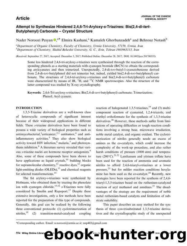 Attempt to synthesis of hindered 2,4,6-tri-aryloxy-s-triazines; bis(2,4-di-tert-butylphenyl) carbonate - Crystal structure: Attempt to synthesis of hindered 2,4,6-tri-... by Unknown