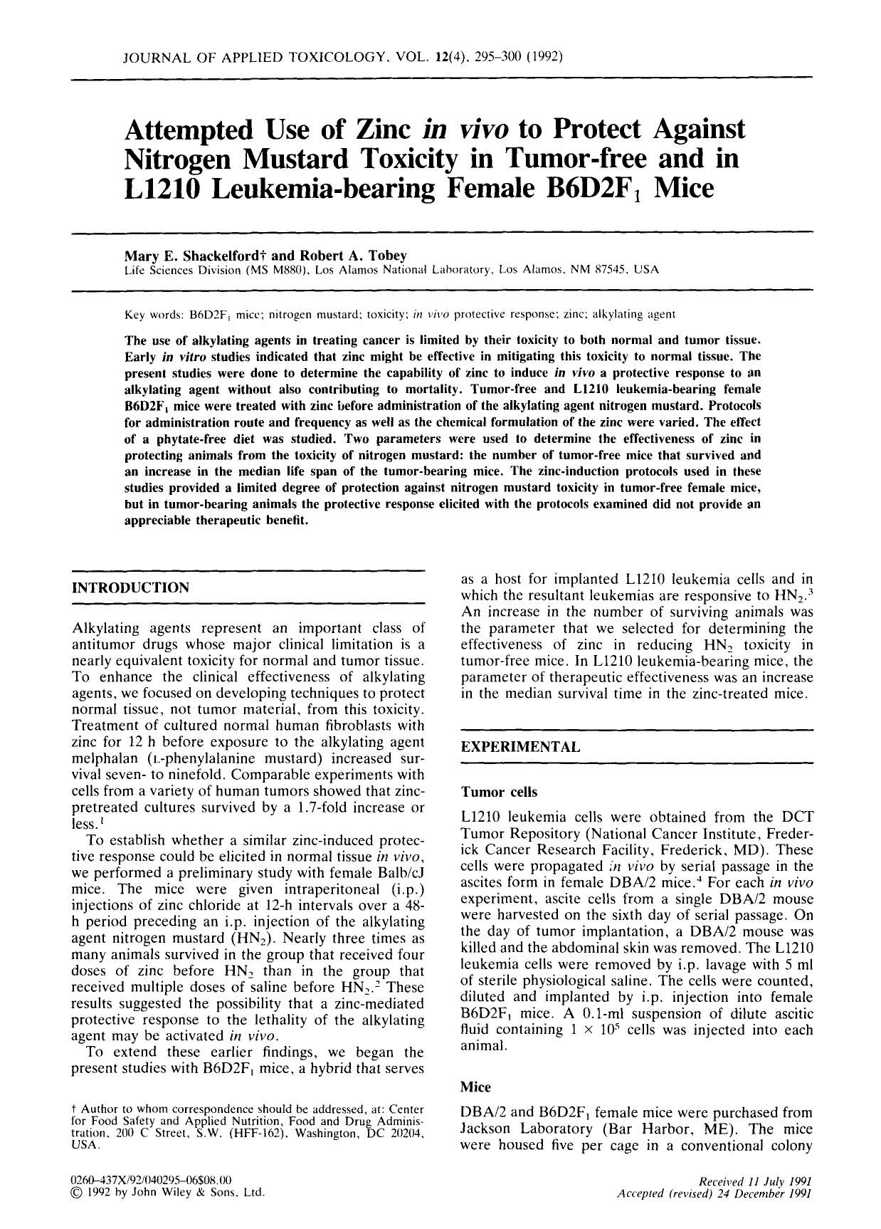 Attempted use of zinc in vivo to protect against nitrogen mustard toxicity in tumor-free and in l1210 leukemia-bearing female b6d2f1 mice by Unknown