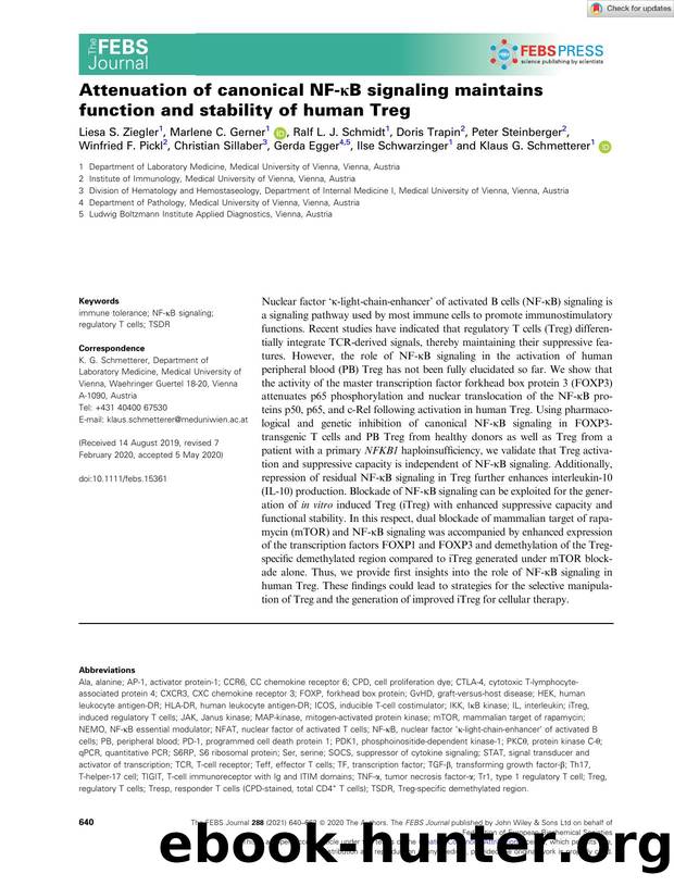 Attenuation of canonical NFâÎºB signaling maintains function and stability of human Treg by Unknown