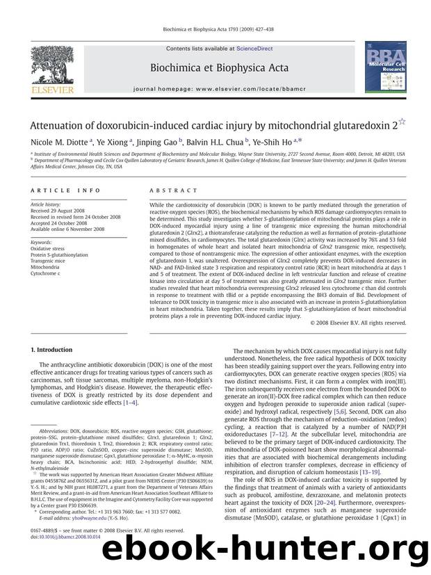 Attenuation of doxorubicin-induced cardiac injury by mitochondrial glutaredoxin 2 by Nicole M. Diotte; Ye Xiong; Jinping Gao; Balvin H.L. Chua; Ye-Shih Ho