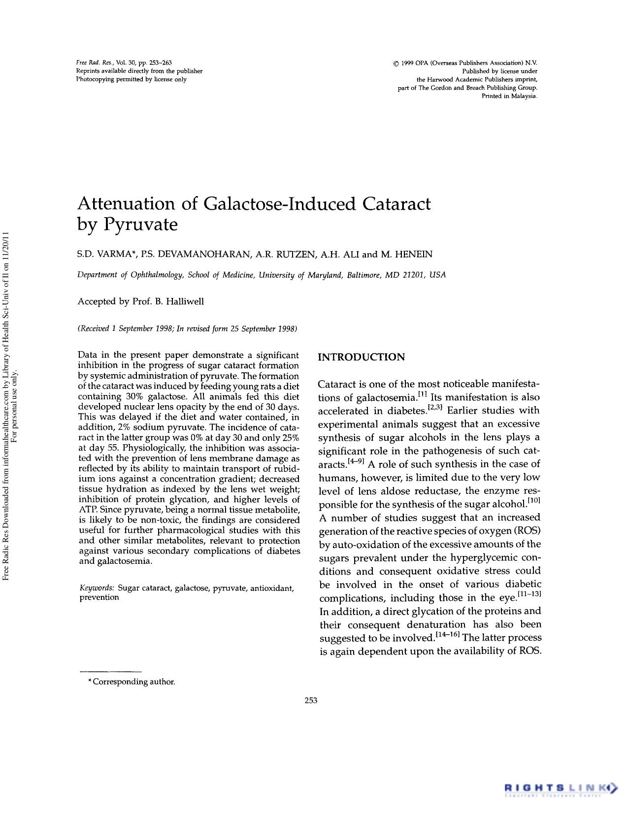 Attenuation of galactose-induced cataract by pyruvate by S.D. Varma P.S. Devamanoharan A.R. Rutzen A.H. Ali & M. Henein