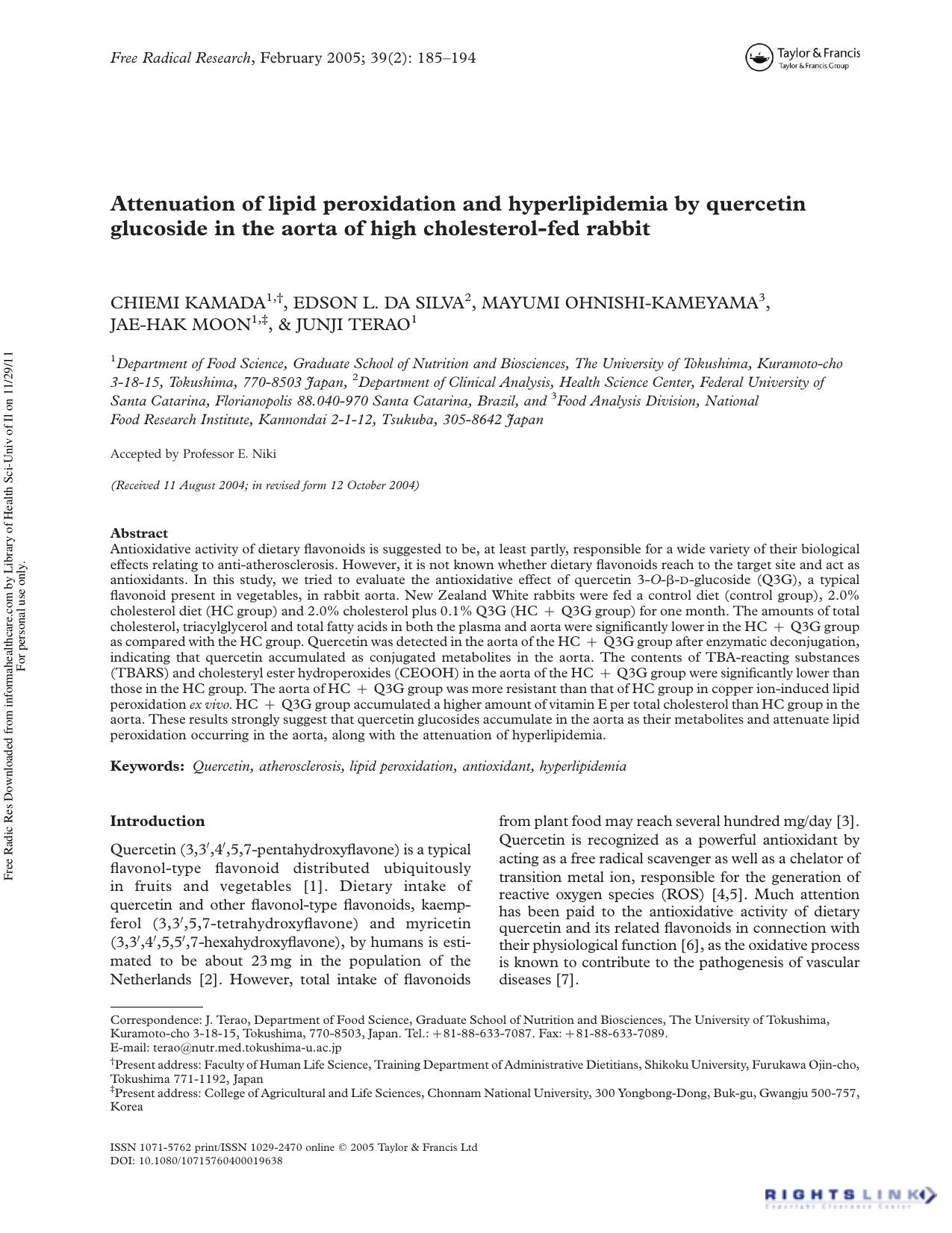 Attenuation of lipid peroxidation and hyperlipidemia by quercetin glucoside in the aorta of high cholesterol-fed rabbit by unknow