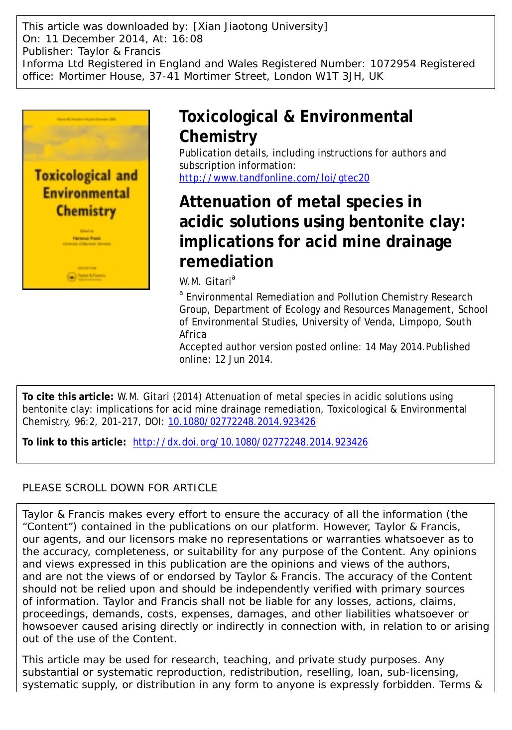 Attenuation of metal species in acidic solutions using bentonite clay: implications for acid mine drainage remediation by W.M. Gitari