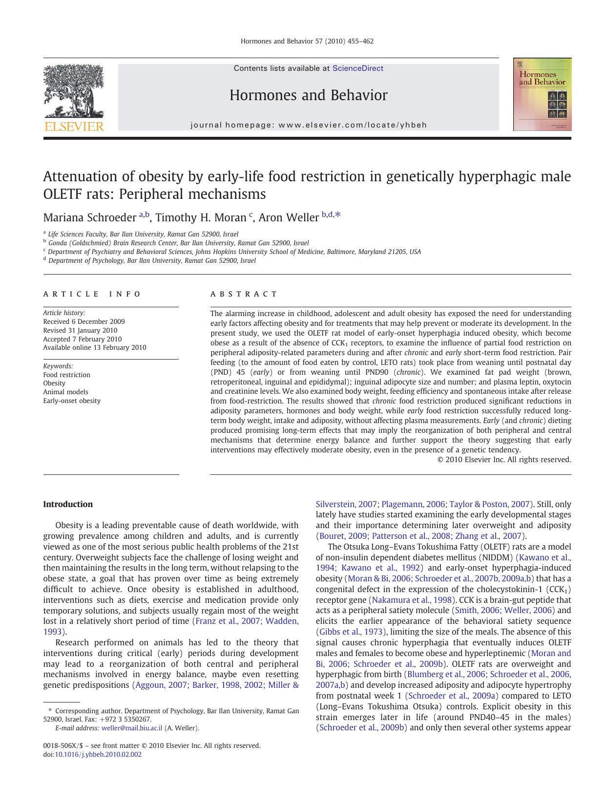 Attenuation of obesity by early-life food restriction in genetically hyperphagic male OLETF rats: Peripheral mechanisms by Mariana Schroeder; Timothy H. Moran; Aron Weller