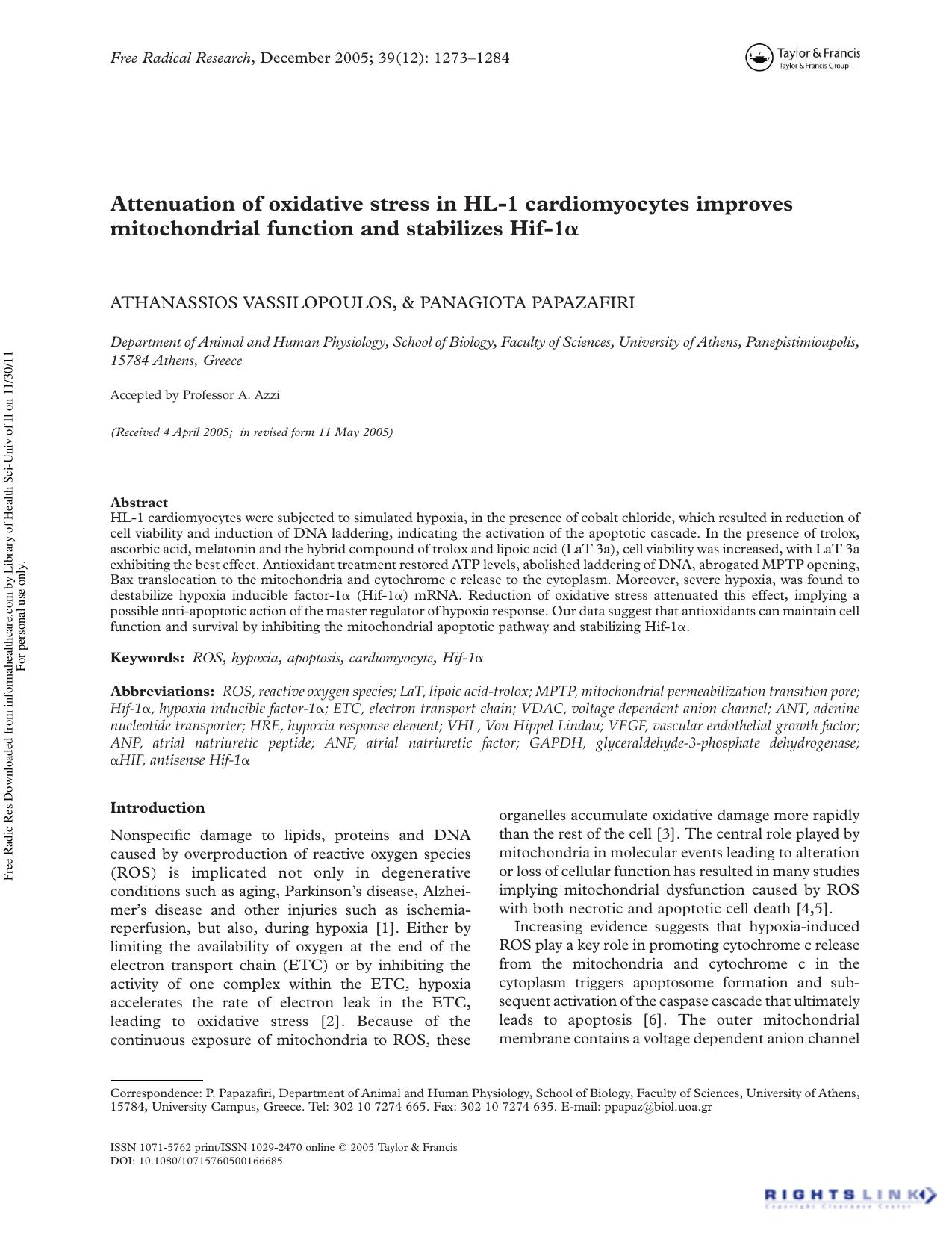 Attenuation of oxidative stress in HL-1 cardiomyocytes improves mitochondrial function and stabilizes Hif-1Î± by Athanassios Vassilopoulos1 & Panagiota Papazafiri1†
