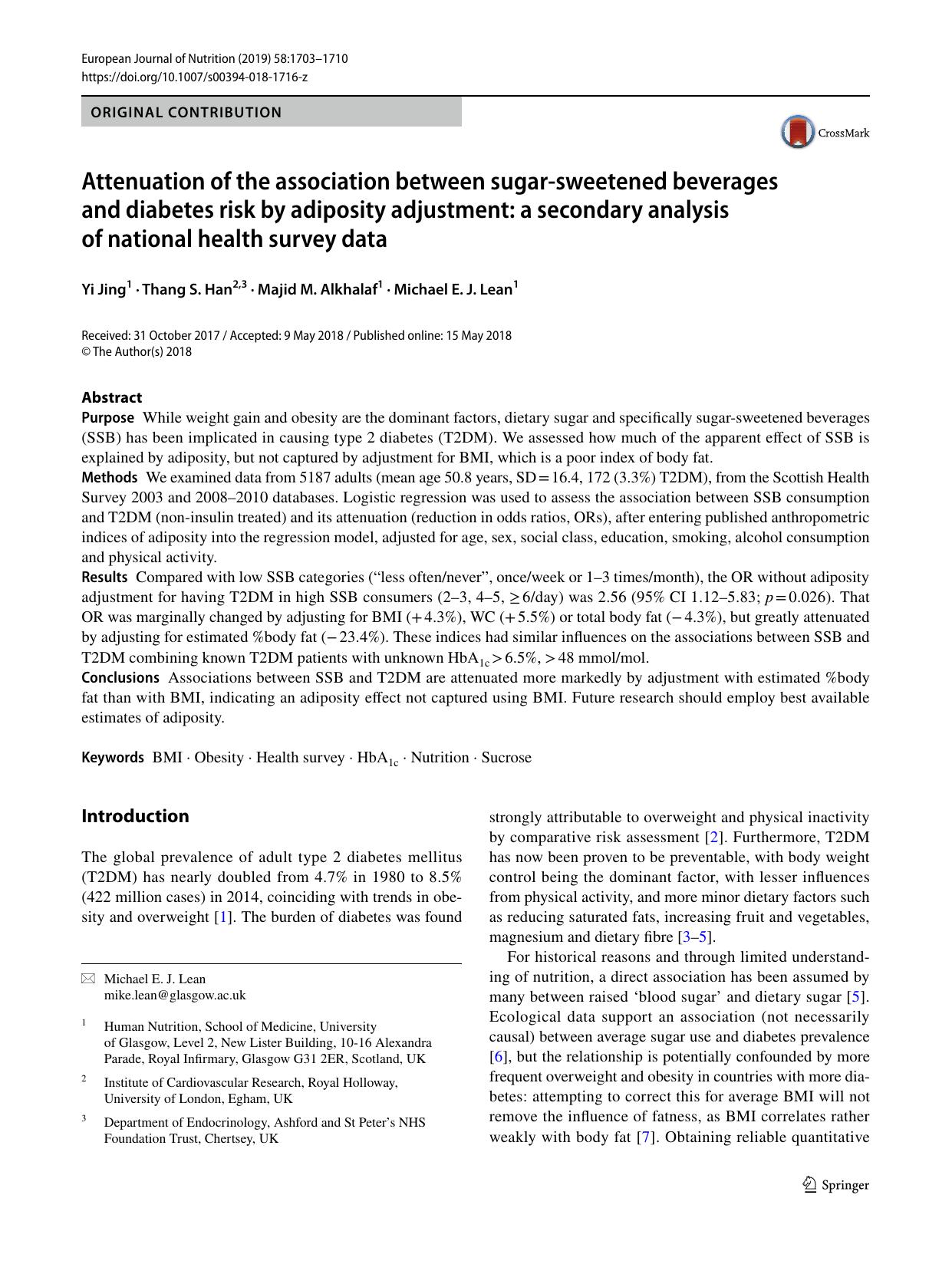 Attenuation of the association between sugar-sweetened beverages and diabetes risk by adiposity adjustment: a secondary analysis of national health survey data by Yi Jing