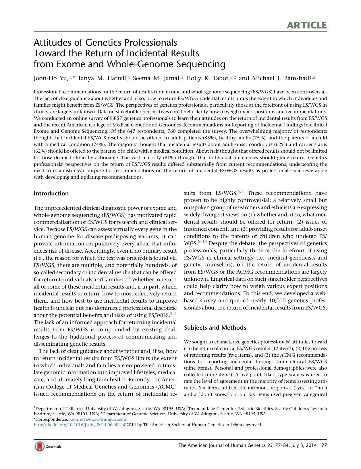 Attitudes of Genetics Professionals Toward the Return of Incidental Results from Exome and Whole-Genome Sequencing by Joon-Ho Yu & Tanya M. Harrell & Seema M. Jamal & Holly K. Tabor & Michael J. Bamshad