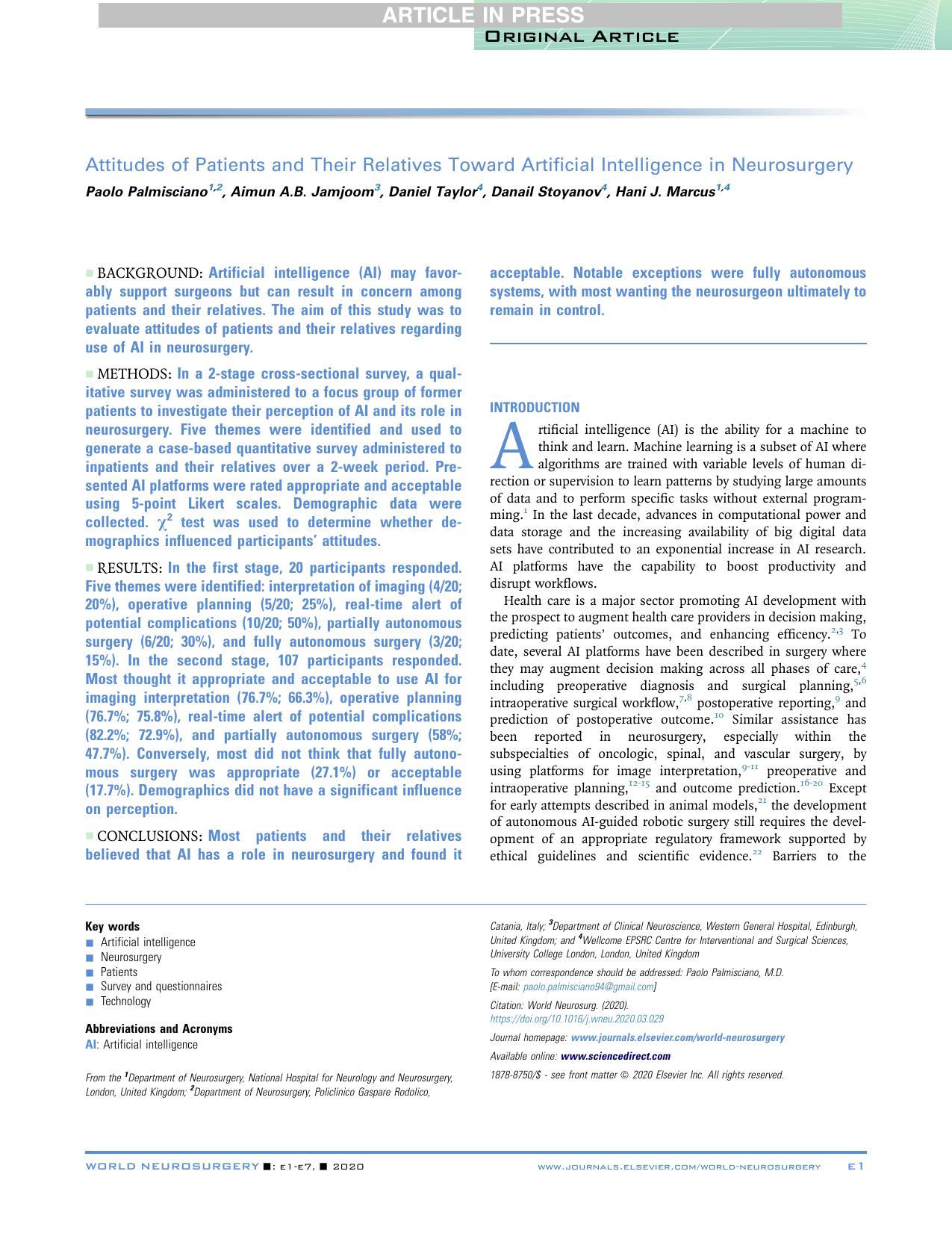Attitudes of Patients and Their Relatives Toward Artificial Intelligence in Neurosurgery by Paolo Palmisciano