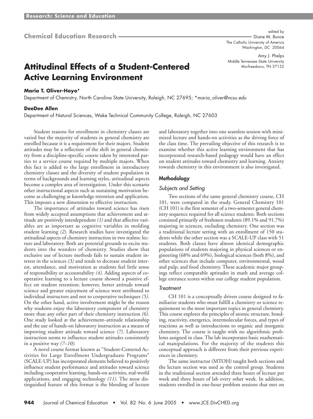Attitudinal Effects of a Student-Centered Active Learning Environment by Maria T. Oliver-Hoyo & DeeDee Allen