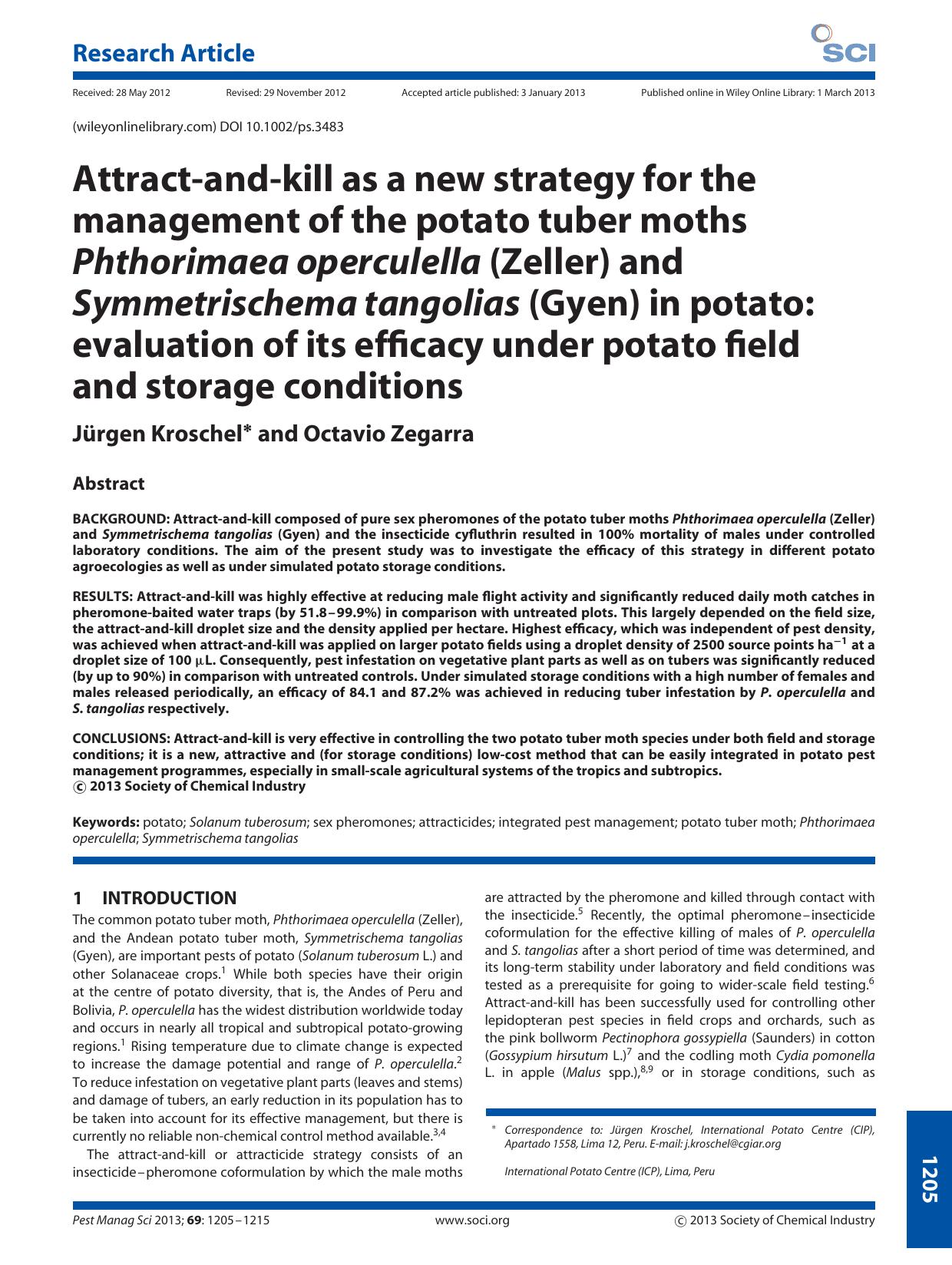 Attractandkill as a new strategy for the management of the potato tuber moths Phthorimaea operculella (Zeller) and Symmetrischema tangolias (Gyen) in potato: evaluation of its effi by Unknown