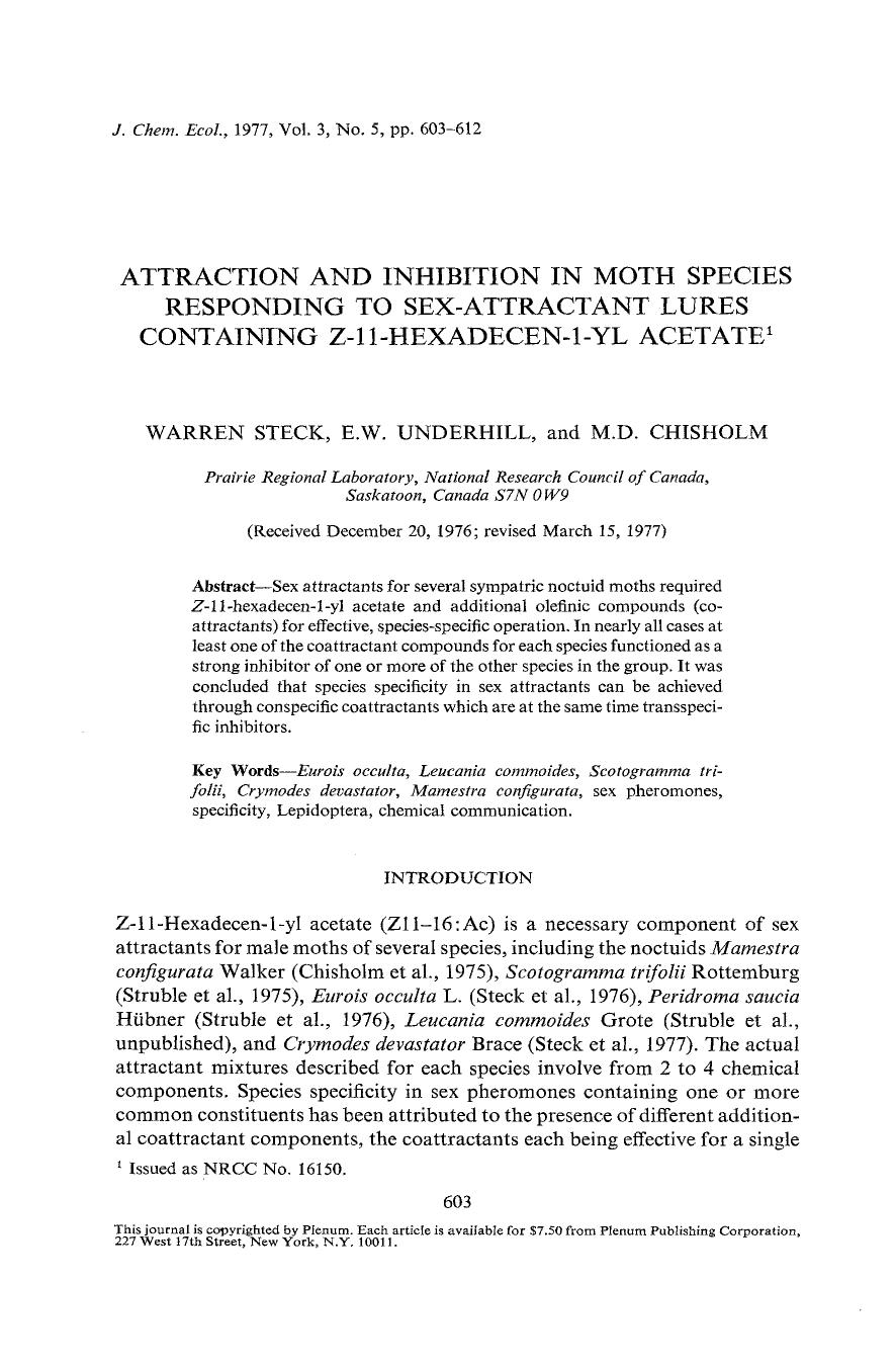 Attraction and inhibition in moth species responding to sex-attractant lures containing Z-11-hexadecen-1-yl acetate by Unknown