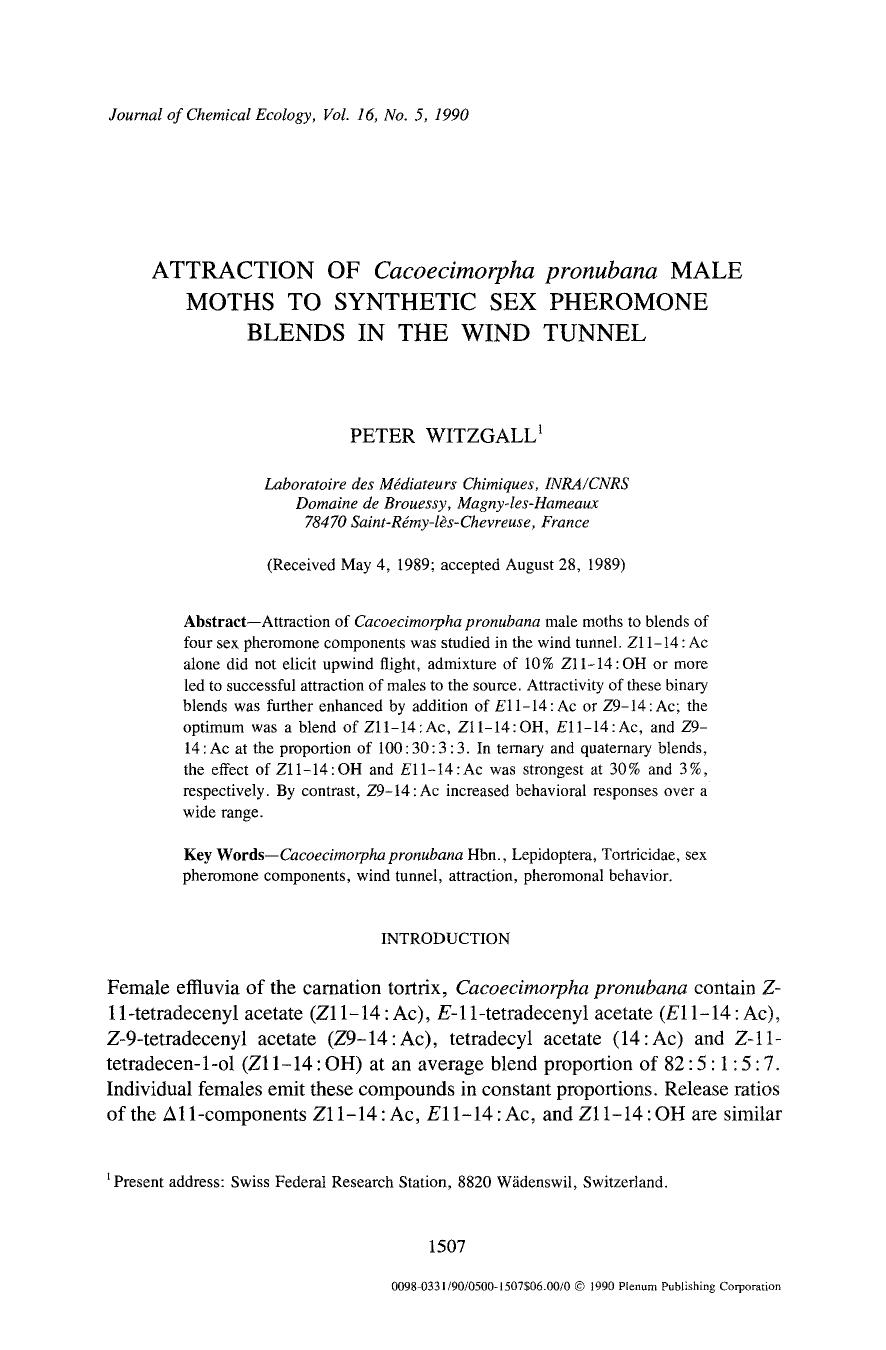 Attraction of <Emphasis Type="Italic">Cacoecimorpha pronubana <Emphasis> male moths to synthetic sex pheromone blends in the wind tunnel by Unknown