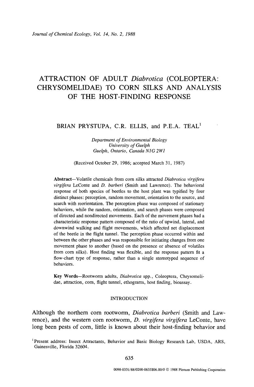 Attraction of adult <Emphasis Type="Italic">Diabrotica <Emphasis> (Coleoptera: Chrysomelidae) to corn silks and analysis of the host-finding response by Unknown