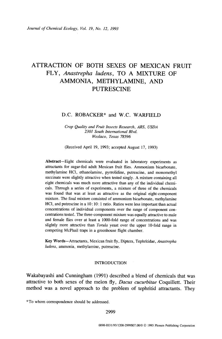 Attraction of both sexes of Mexican fruit fly, <Emphasis Type="Italic">Anastrepha ludens <Emphasis>, to a mixture of ammonia, methylamine, and putrescine by Unknown