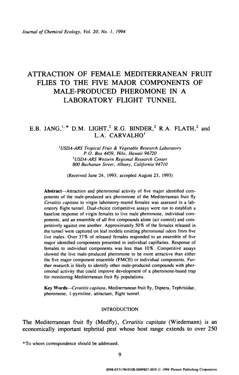 Attraction of female mediterranean fruit flies to the five major components of male-produced pheromone in a laboratory flight tunnel by Unknown