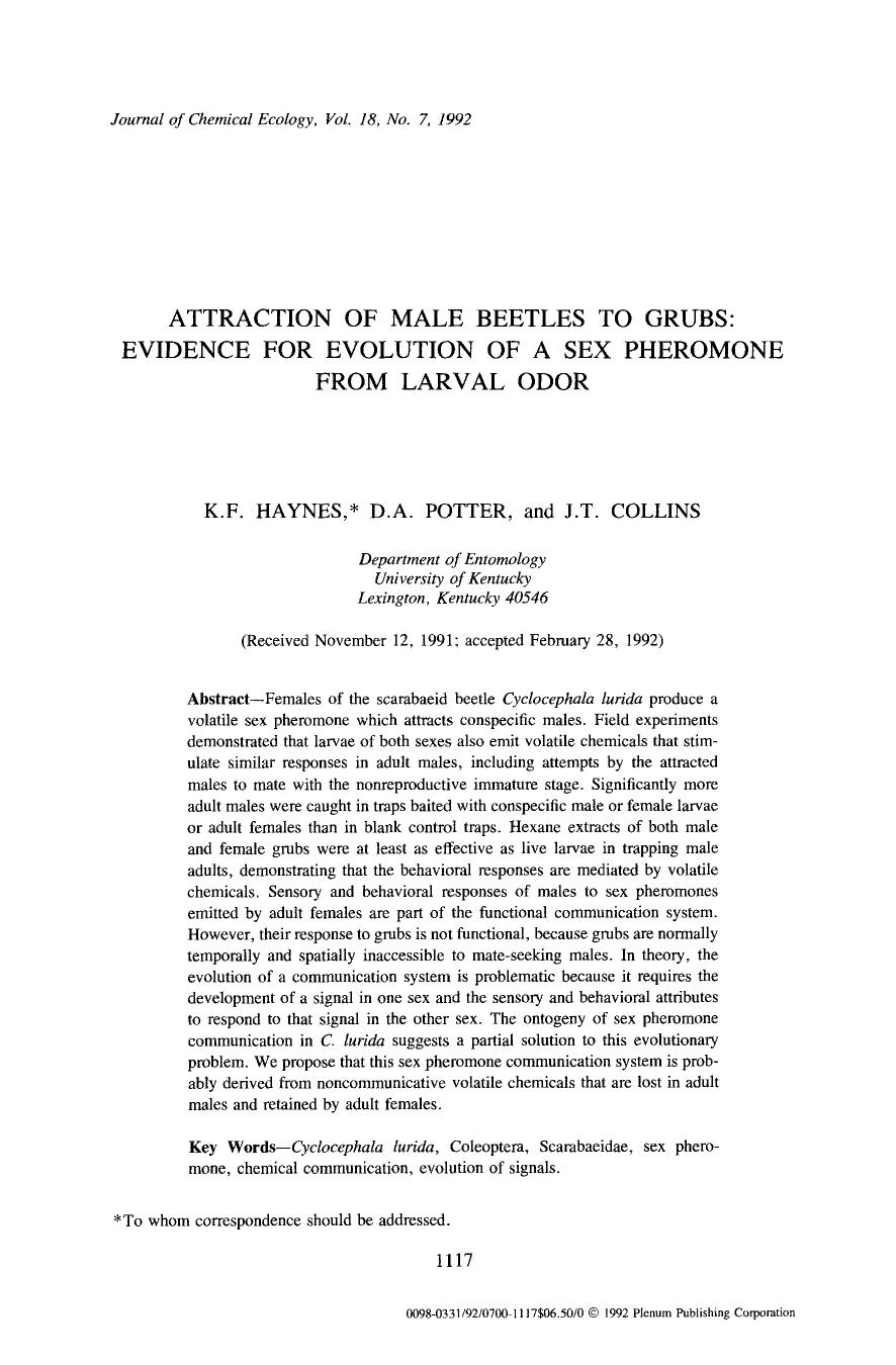 Attraction of male beetles to grubs: Evidence for evolution of a sex pheromone from larval odor by Unknown