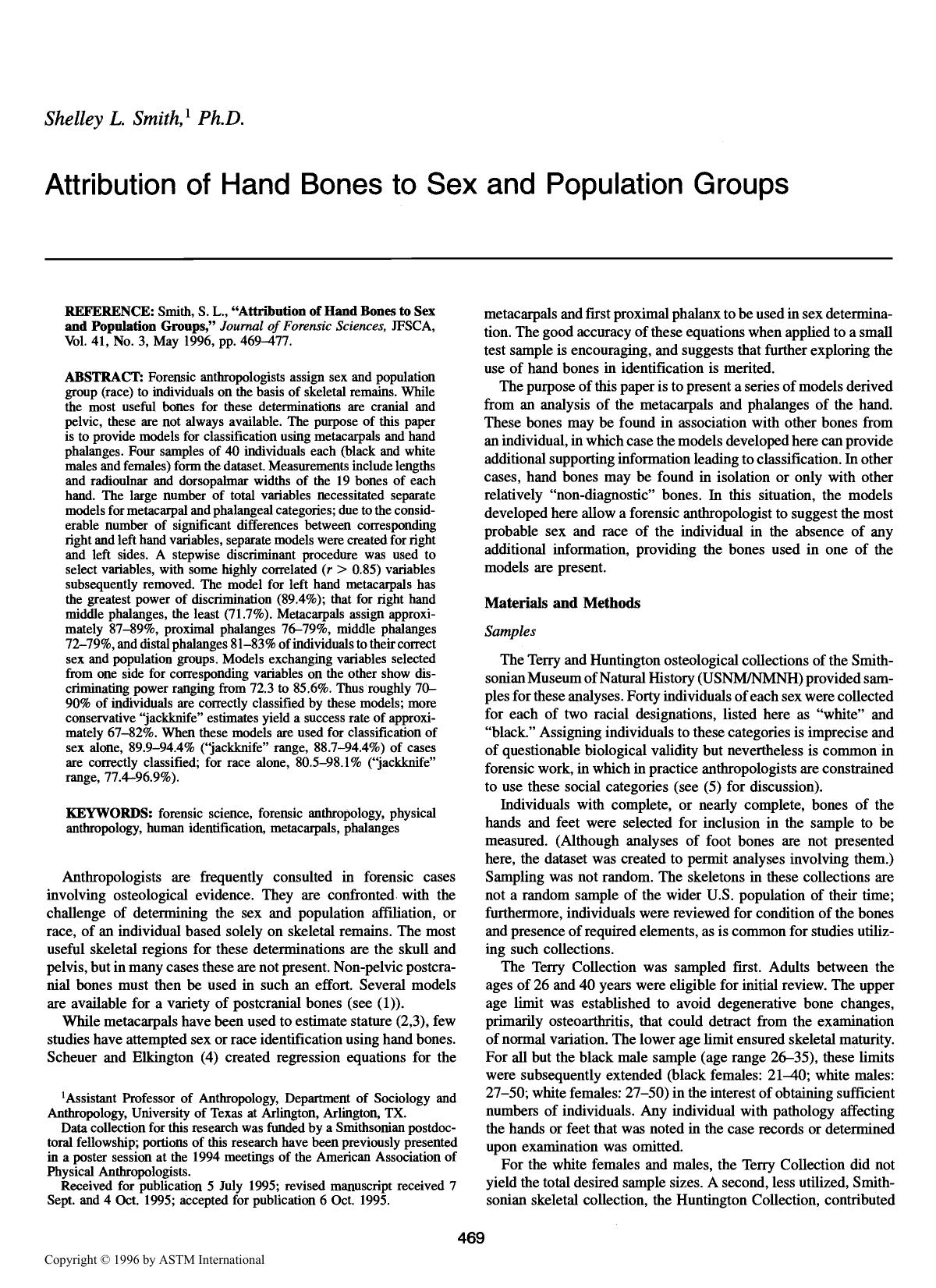 Attribution of Hand Bones to Sex and Population Groups by Smith SL
