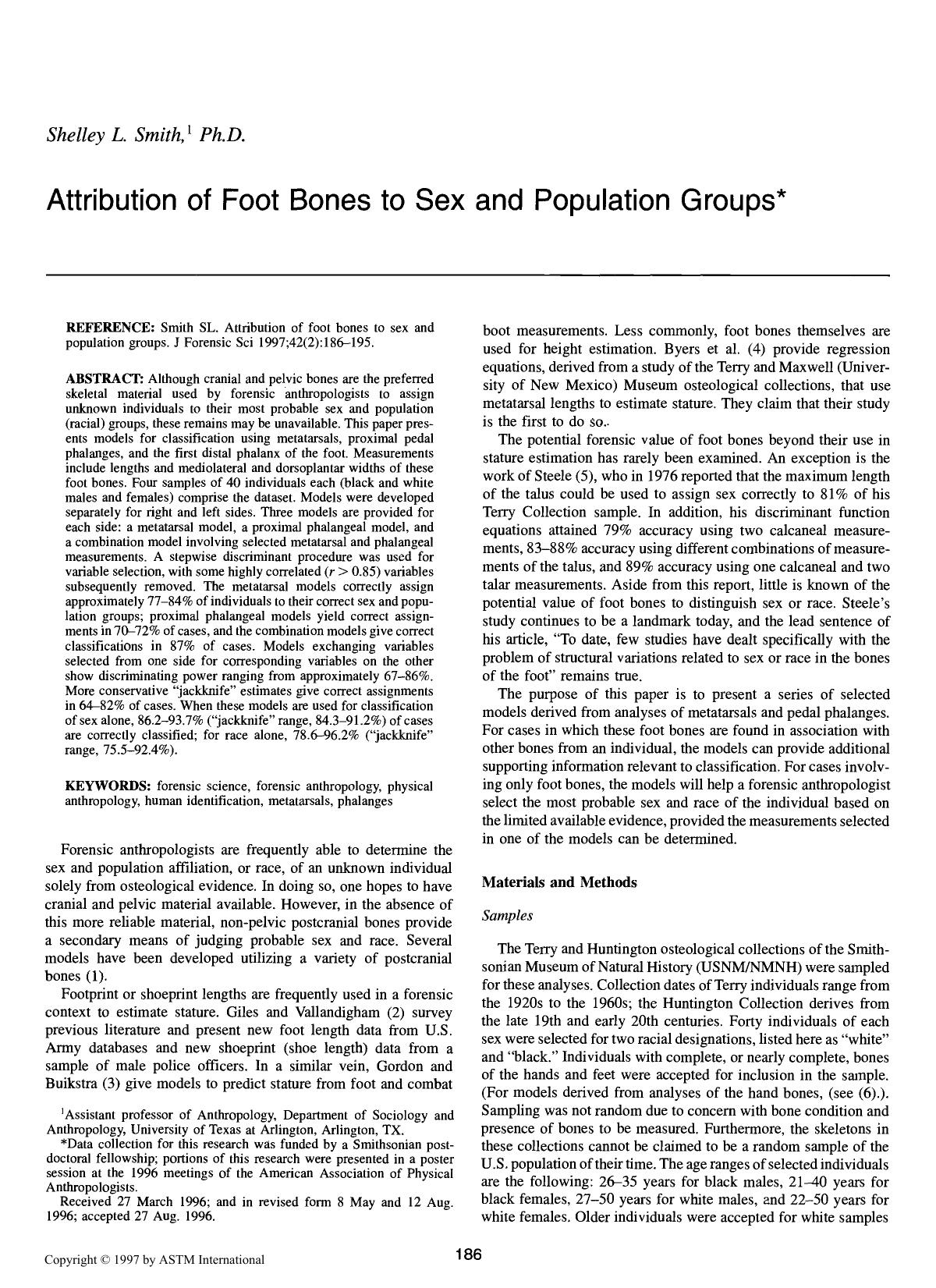 Attribution of foot bones to sex and population groups by Smith SL