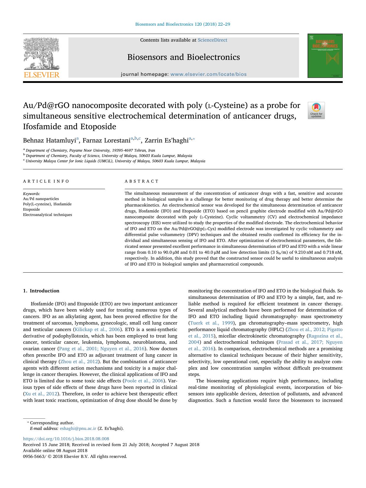 AuPd@rGO nanocomposite decorated with poly (L-Cysteine) as a probe for simultaneous sensitive electrochemical determination of anticancer drugs, Ifosfamide and Etoposide by Behnaz Hatamluyi & Farnaz Lorestani & Zarrin Es’haghi
