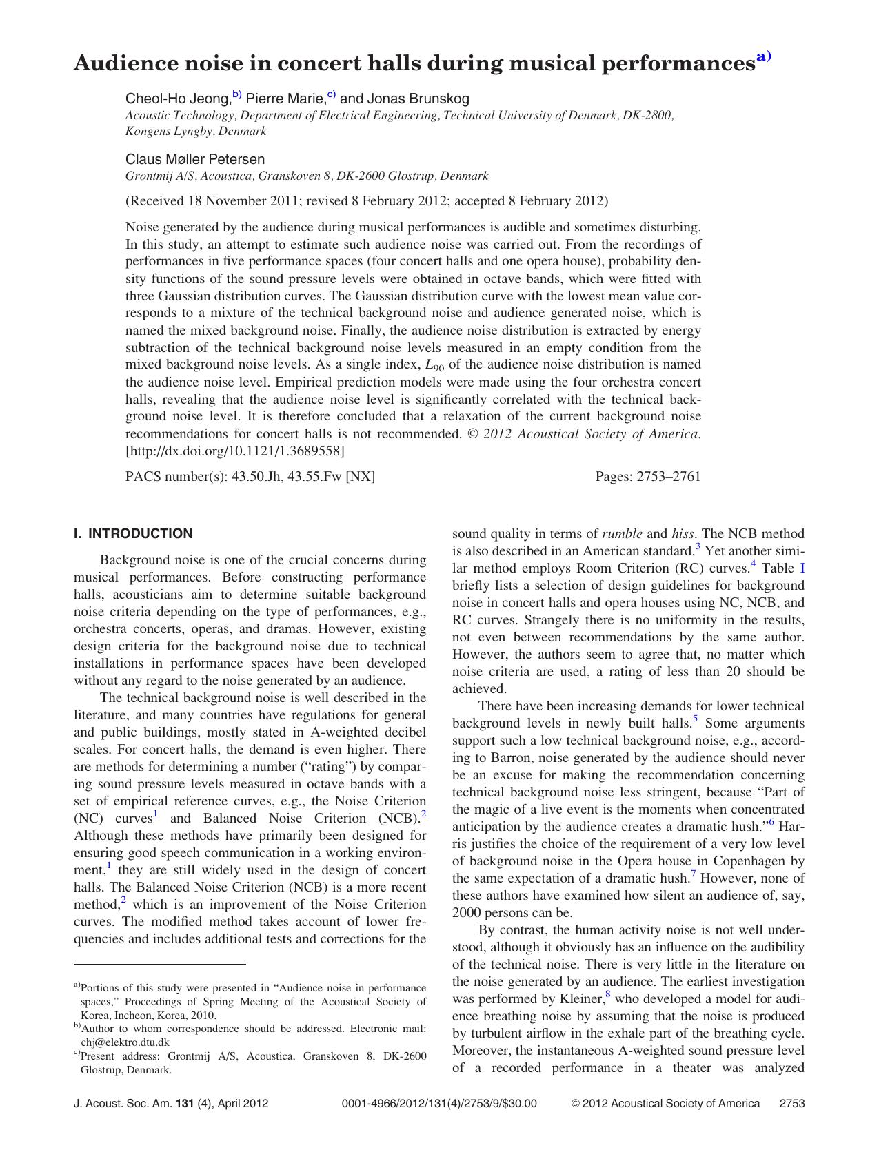 Audience noise in concert halls during musical performances by Cheol-Ho Jeong Pierre Marie Jonas Brunskog and Claus Møller Petersen