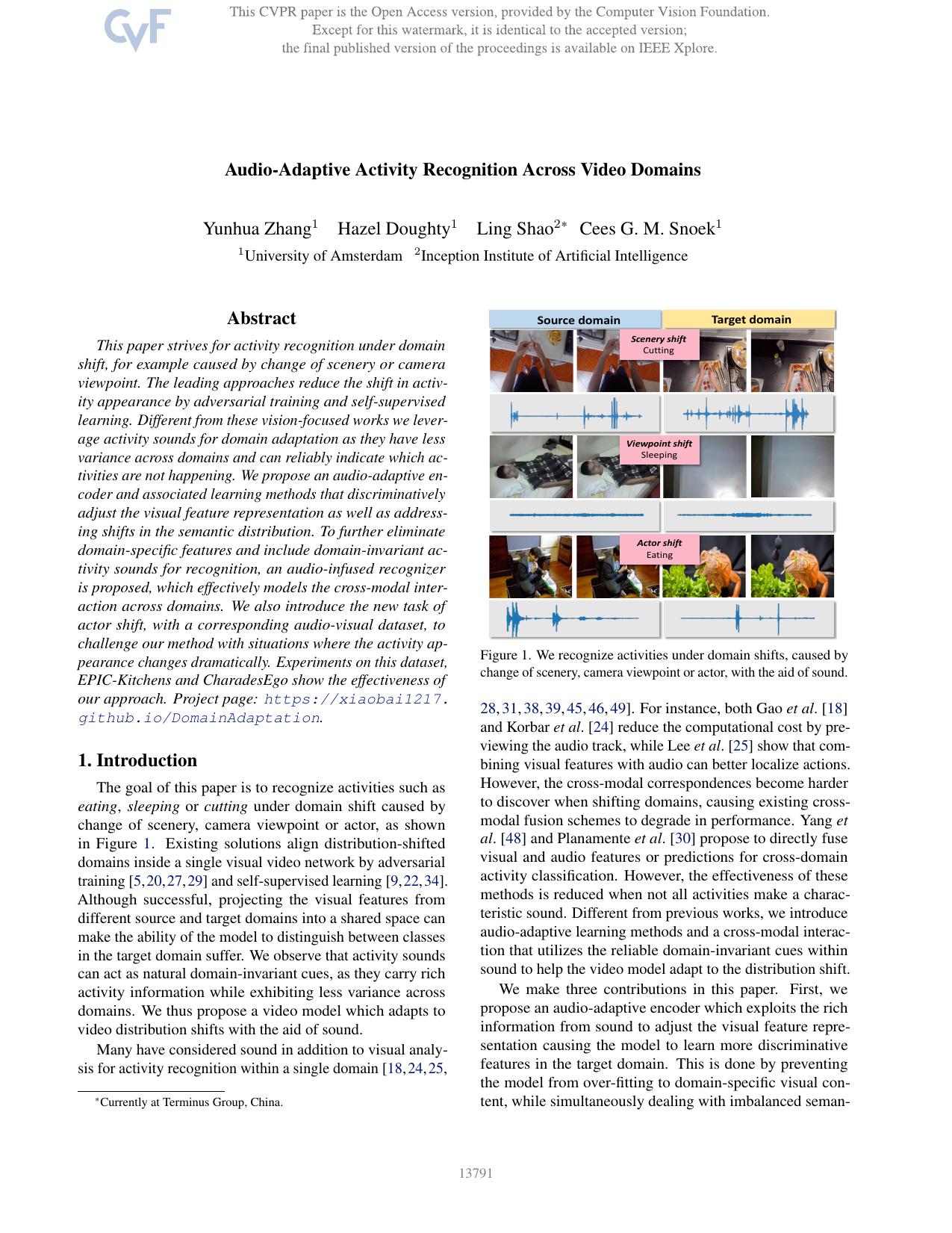 Audio-Adaptive Activity Recognition Across Video Domains by Yunhua Zhang & Hazel Doughty & Ling Shao & Cees G. M. Snoek