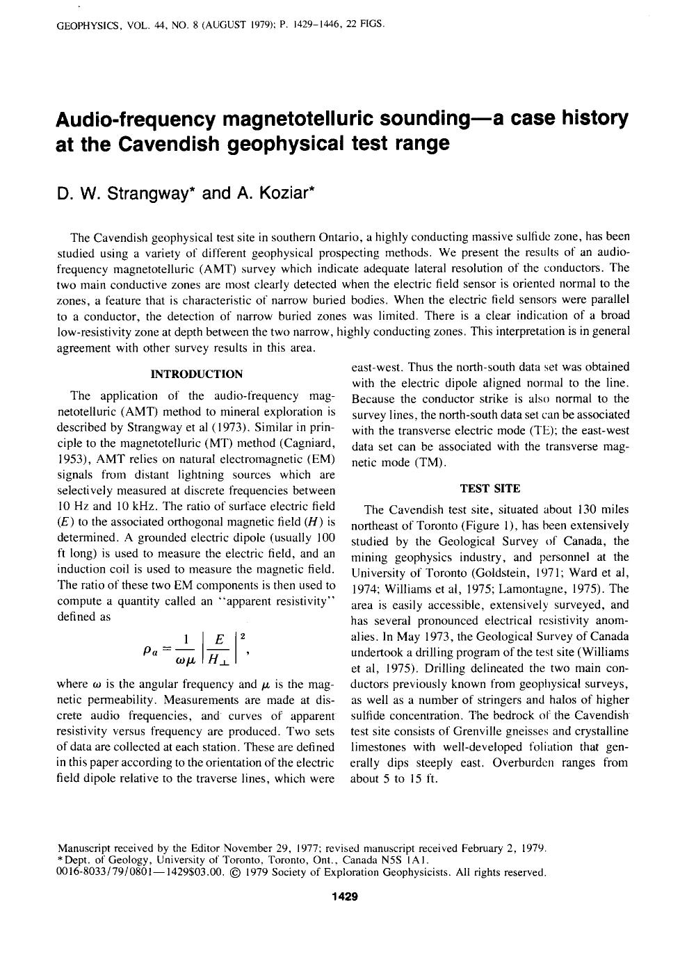 Audio-frequency magnetotelluric sounding--a case history at the Cavendish geophysical test range by Strangway D. W.; Koziar A