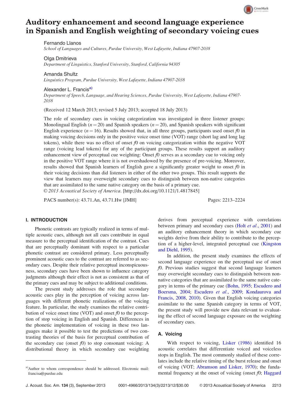 Auditory enhancement and second language experience in Spanish and English weighting of secondary voicing cues by Fernando Llanos Olga Dmitrieva Amanda Shultz and Alexander L. Francisa)