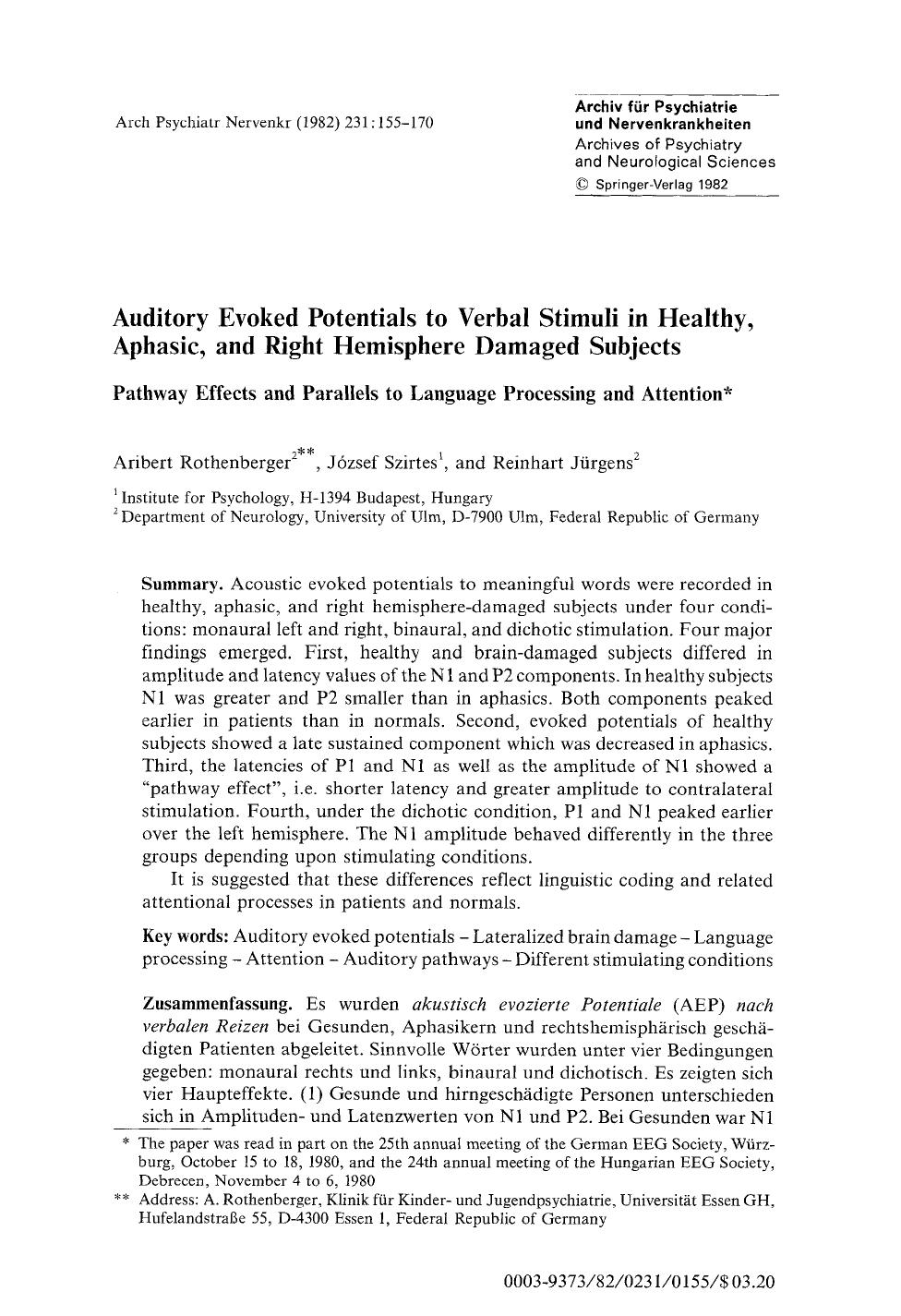 Auditory evoked potentials to verbal stimuli in healthy, aphasic, and right hemisphere damaged subjects by Unknown