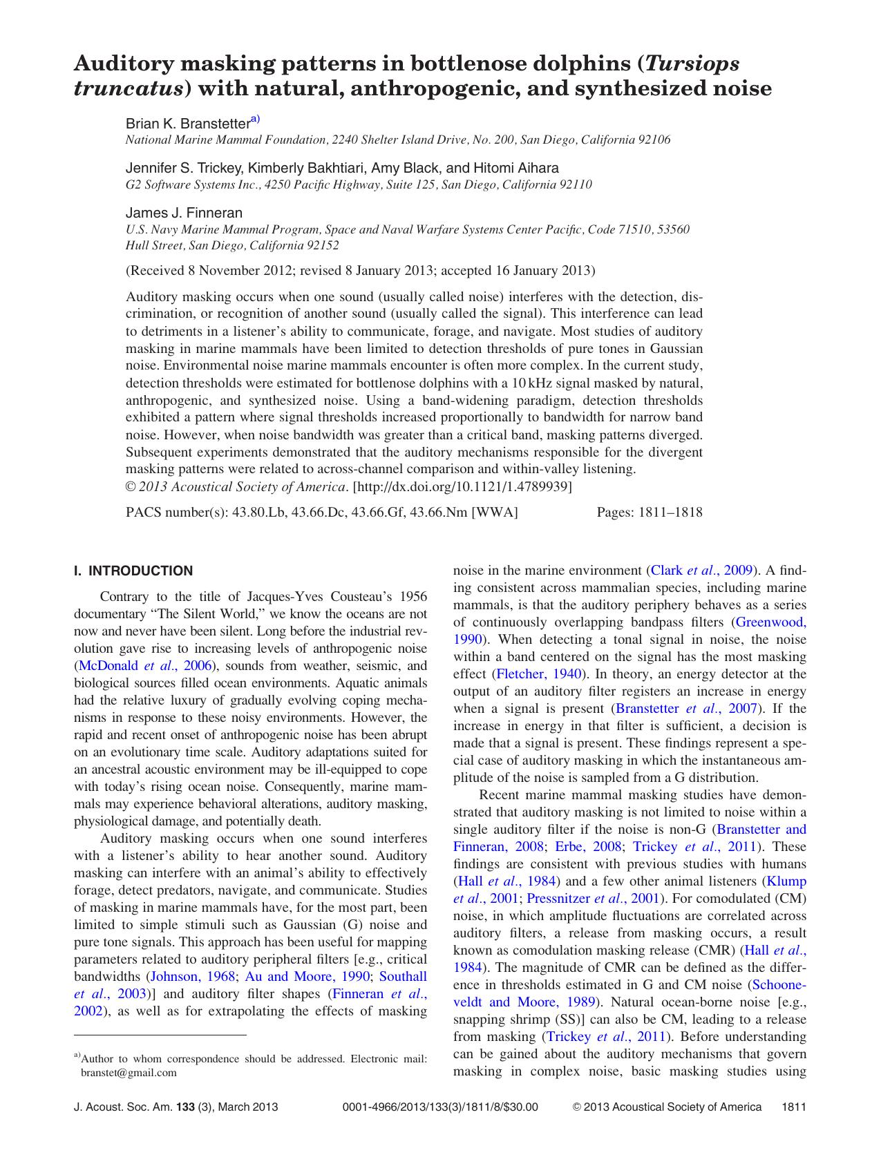 Auditory masking patterns in bottlenose dolphins (Tursiops truncatus) with natural, anthropogenic, and synthesized noise by unknow