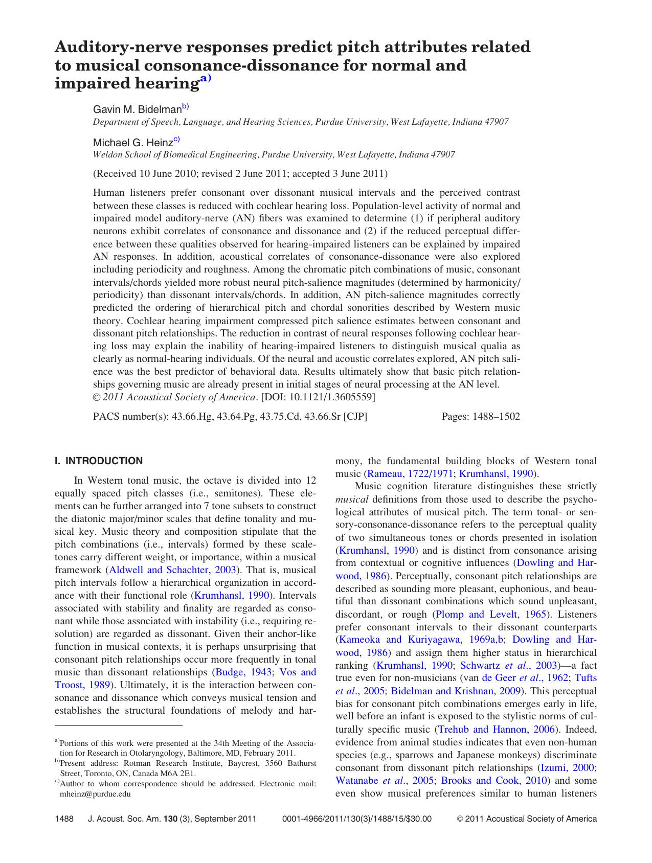 Auditory-nerve responses predict pitch attributes related to musical consonance-dissonance for normal and impaired hearing by Gavin M. Bidelman Michael G. Heinz