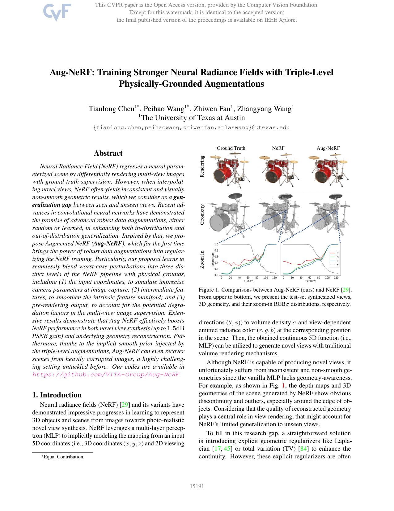 Aug-NeRF: Training Stronger Neural Radiance Fields With Triple-Level Physically-Grounded Augmentations by Tianlong Chen & Peihao Wang & Zhiwen Fan & Zhangyang Wang
