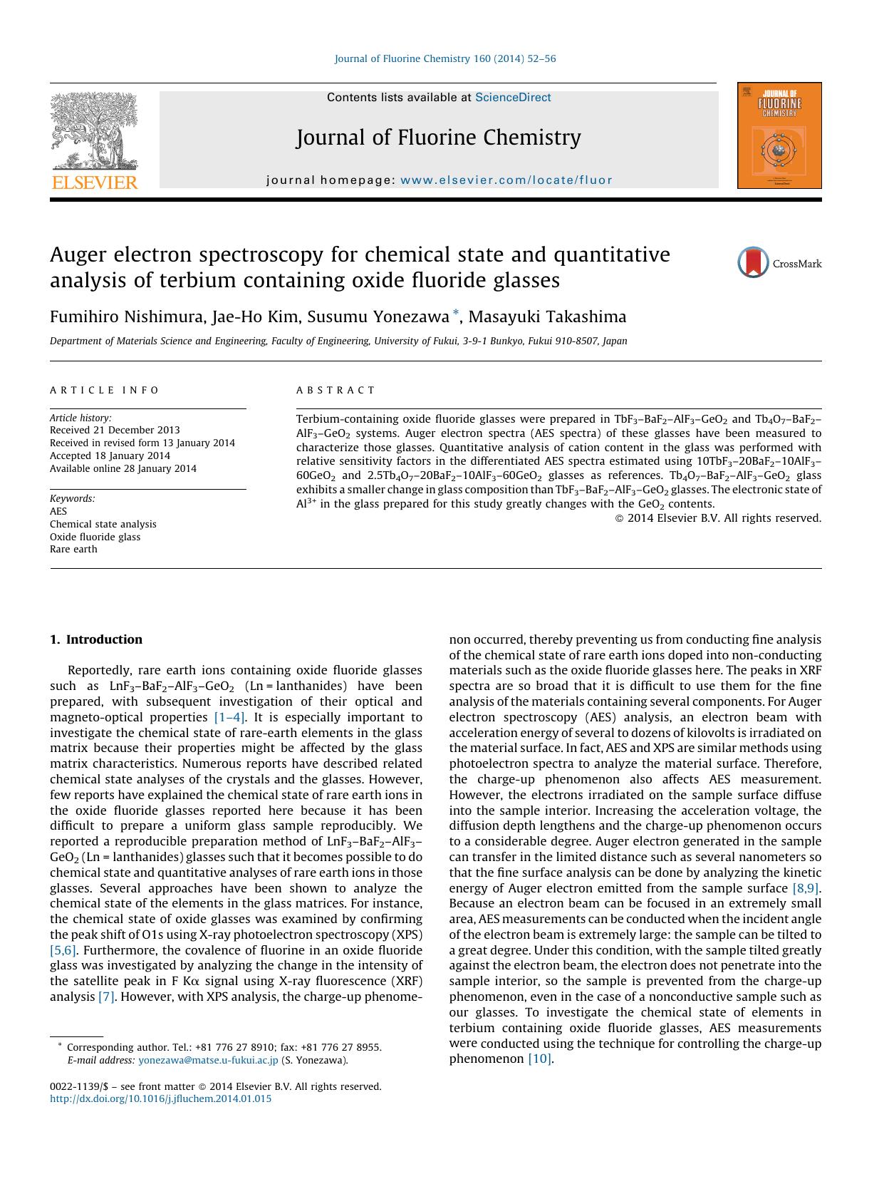 Auger electron spectroscopy for chemical state and quantitative analysis of terbium containing oxide fluoride glasses by Fumihiro Nishimura & Jae-Ho Kim & Susumu Yonezawa & Masayuki Takashima