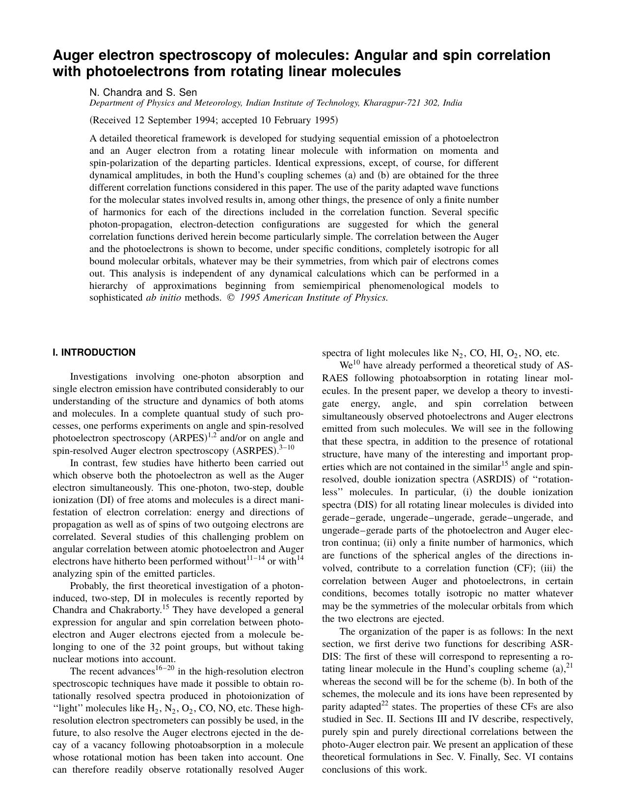 Auger electron spectroscopy of molecules: Angular by N. Chandra and S. Sen
