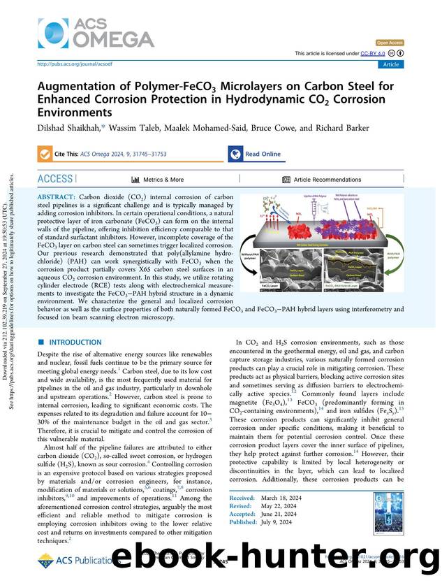 Augmentation of Polymer-FeCO3 Microlayers on Carbon Steel for Enhanced Corrosion Protection in Hydrodynamic CO2 Corrosion Environments by Dilshad Shaikhah Wassim Taleb Maalek Mohamed-Said Bruce Cowe & Richard Barker