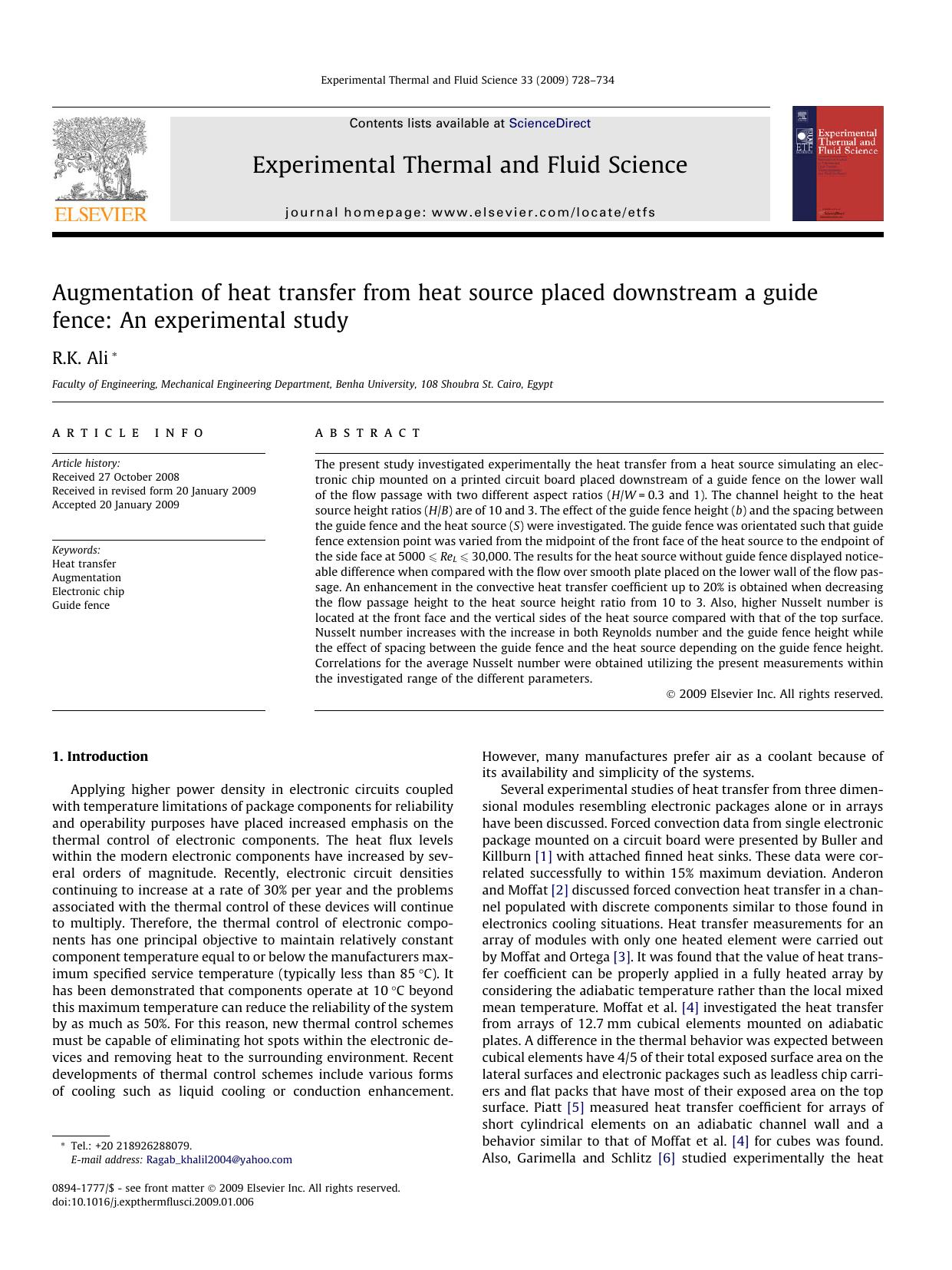 Augmentation of heat transfer from heat source placed downstream a guide fence: An experimental study by R.K. Ali